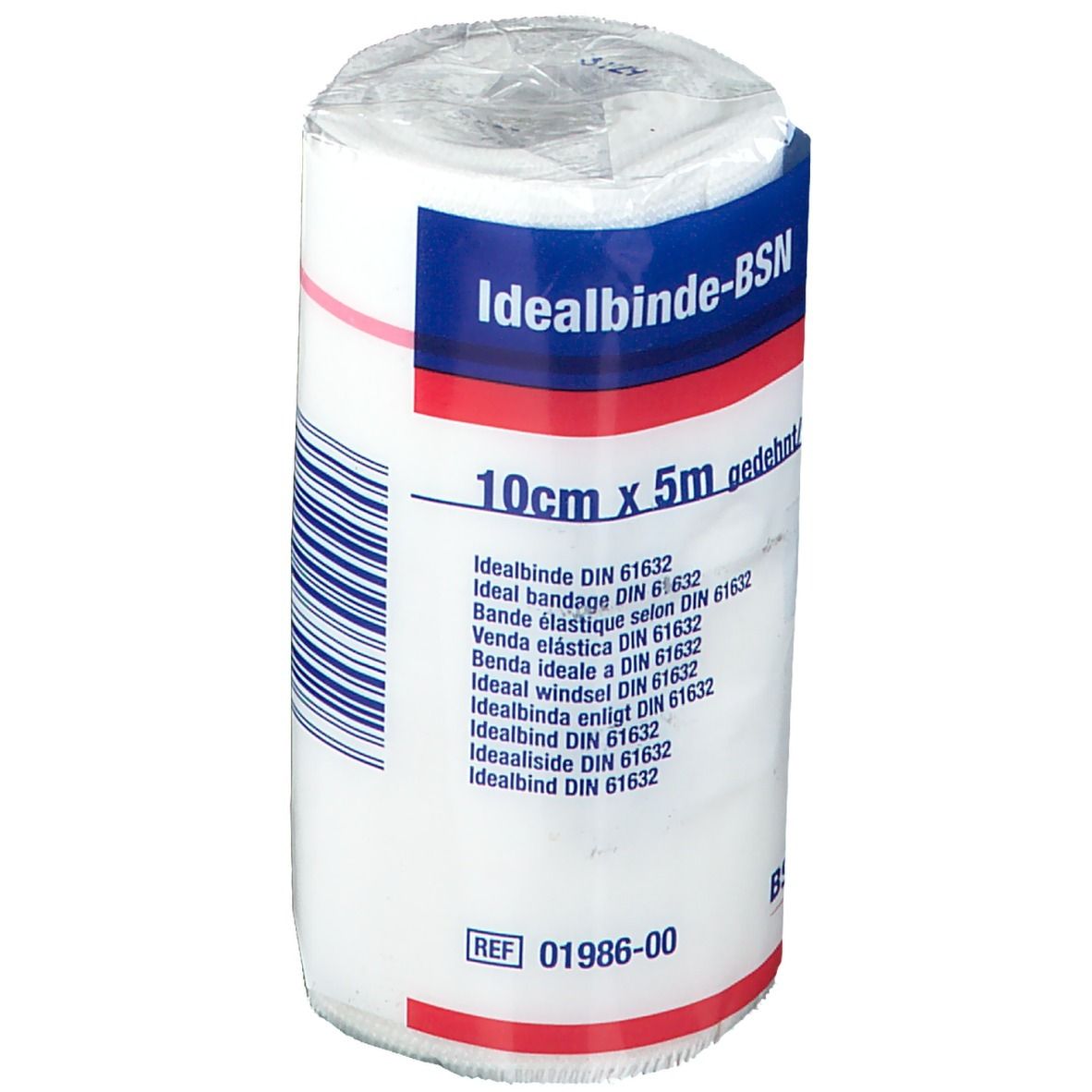 Witte verbandrol met blauwe en rode opschriften. Opschrift: Idealbinde-BSN, 10cm x 5m. DIN 61632. BSN-logo.
