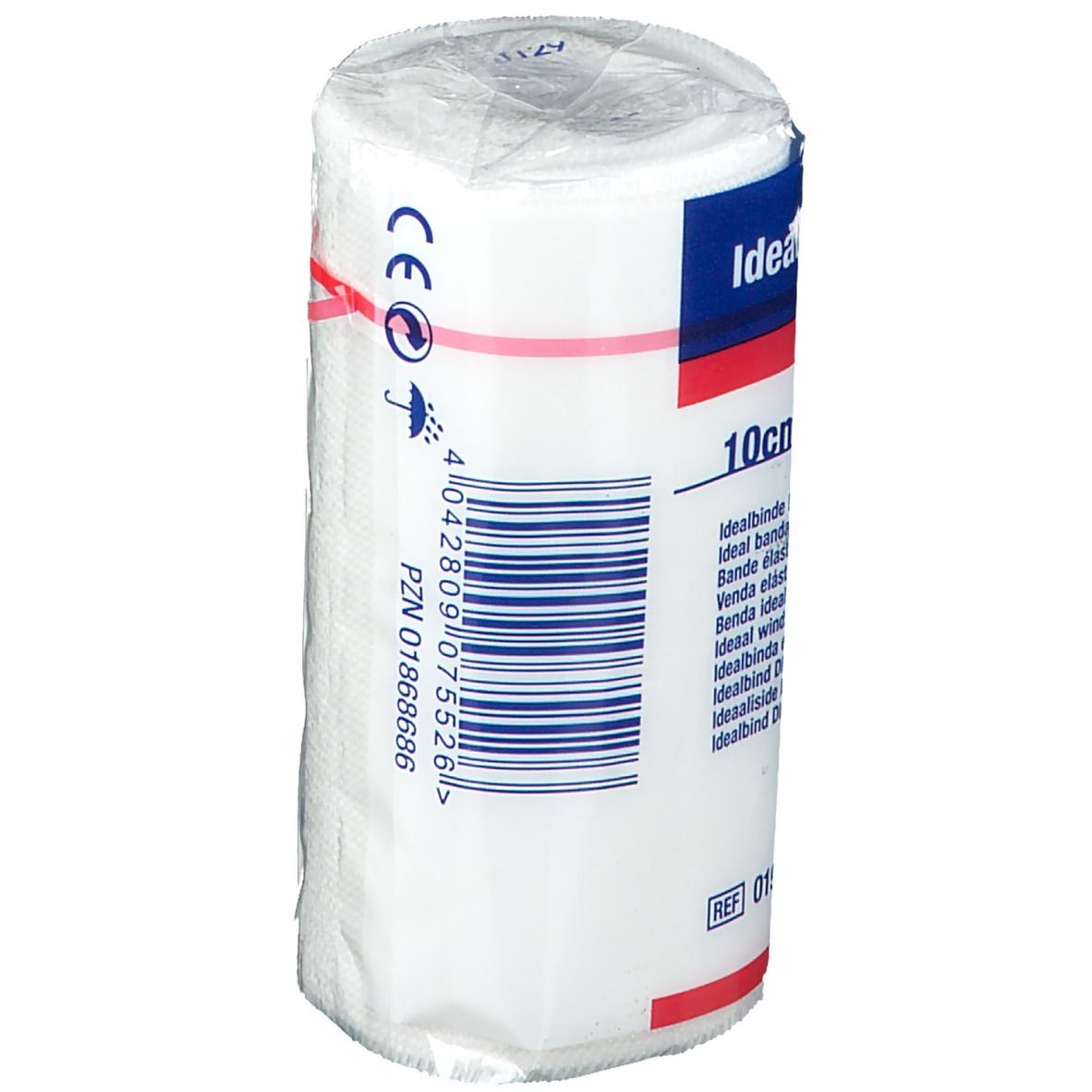 Witte verbandrol met blauwe en rode opschriften. Opschrift: CE-markering. Barcode. PZN-nummer. REF-nummer.
