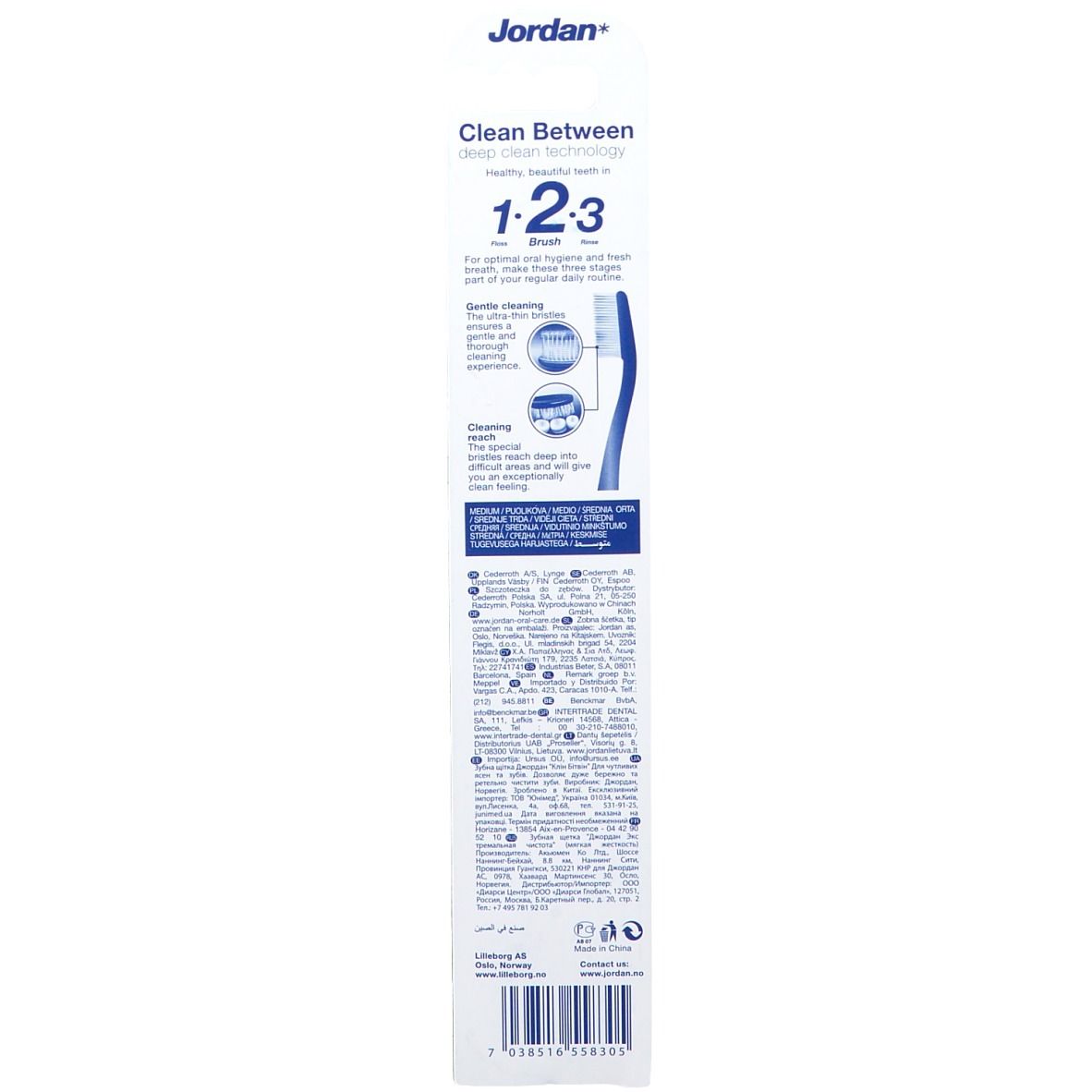 Dos de l'emballage de la brosse à dents Jordan Clean. Informations produit, texte multilingue, couleurs bleu et blanc.