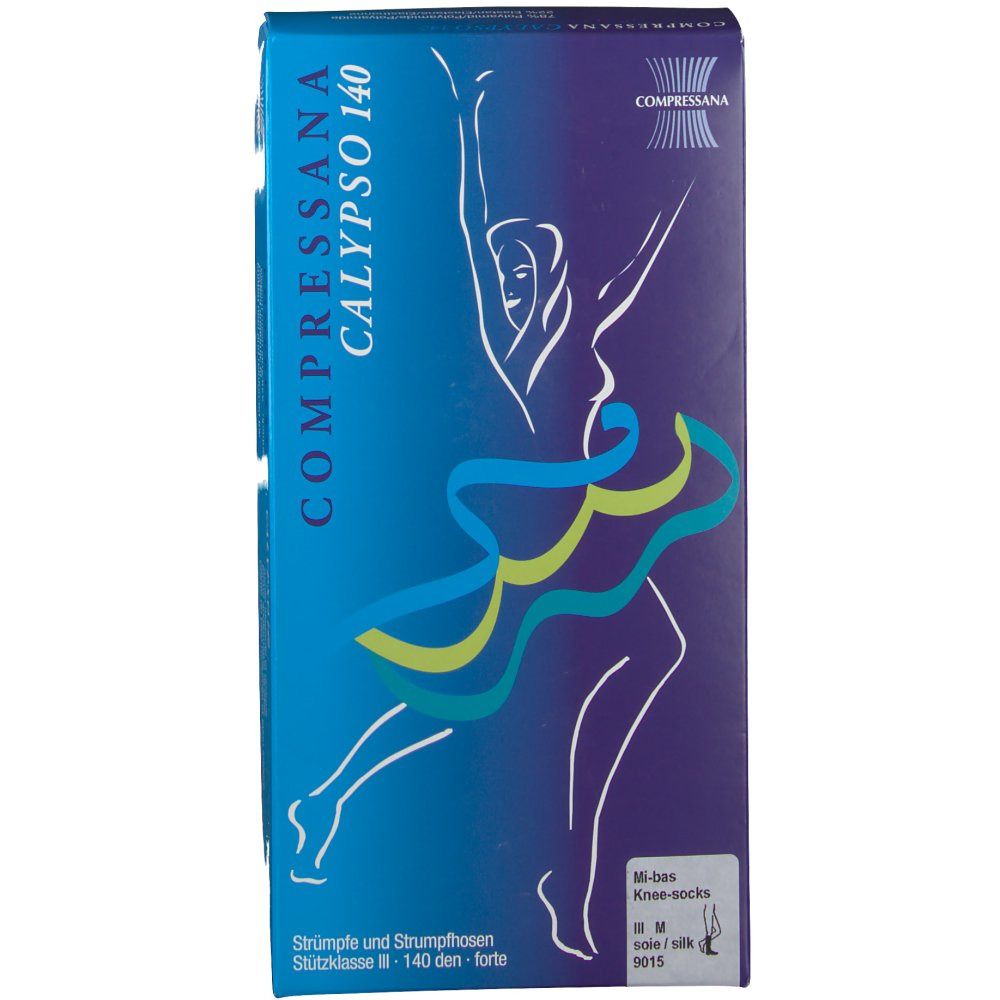 Emballage COMPRESSANA Calypso. Bleu, illustration d'une femme. Texte: Calypso 140, classe de compression II.