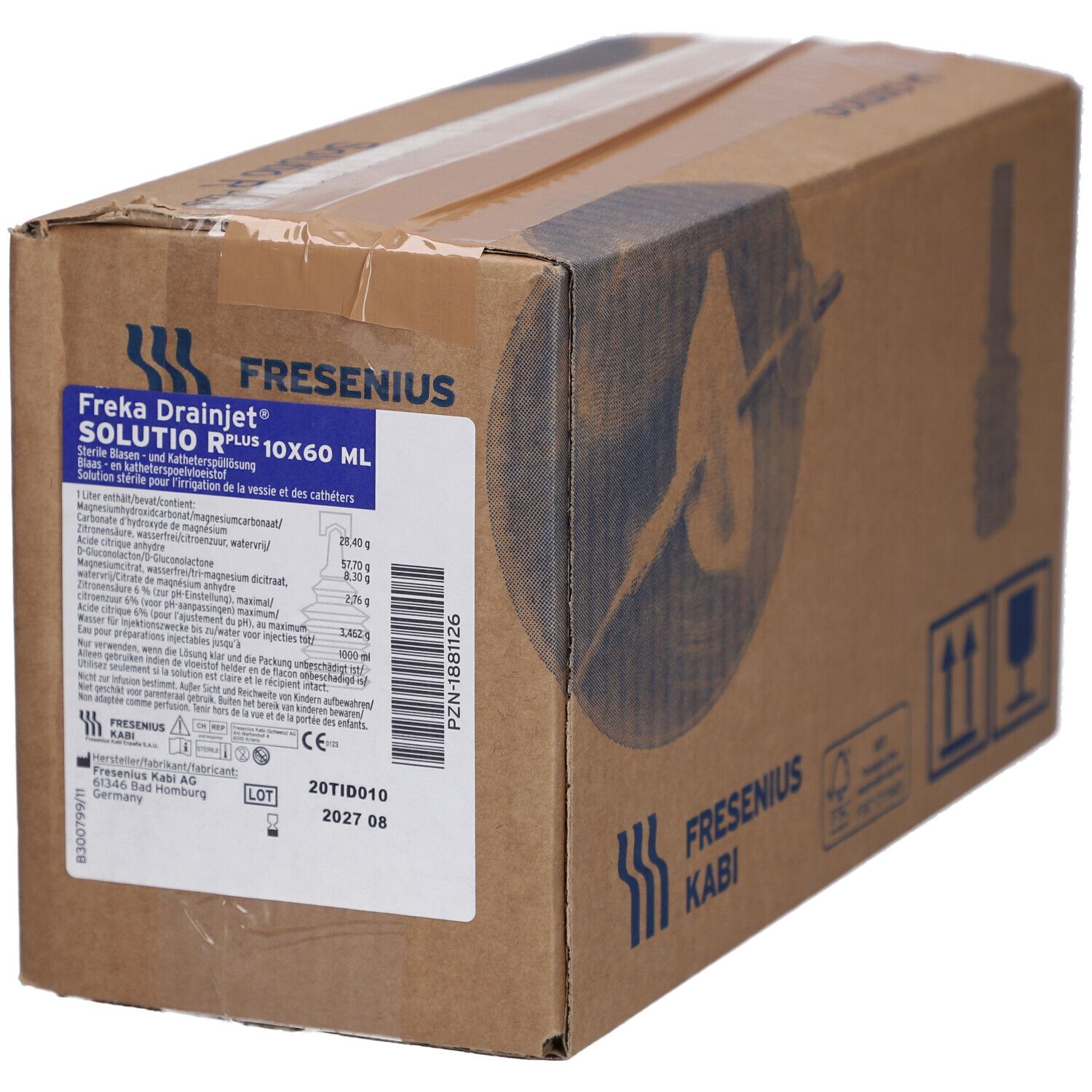 Karton met opdrukken. Opschrift: Freka Drainjet Solutio R Plus 10x60 ml. Fabrikant: Fresenius Kabi. Met productinformatie en CE-markering.