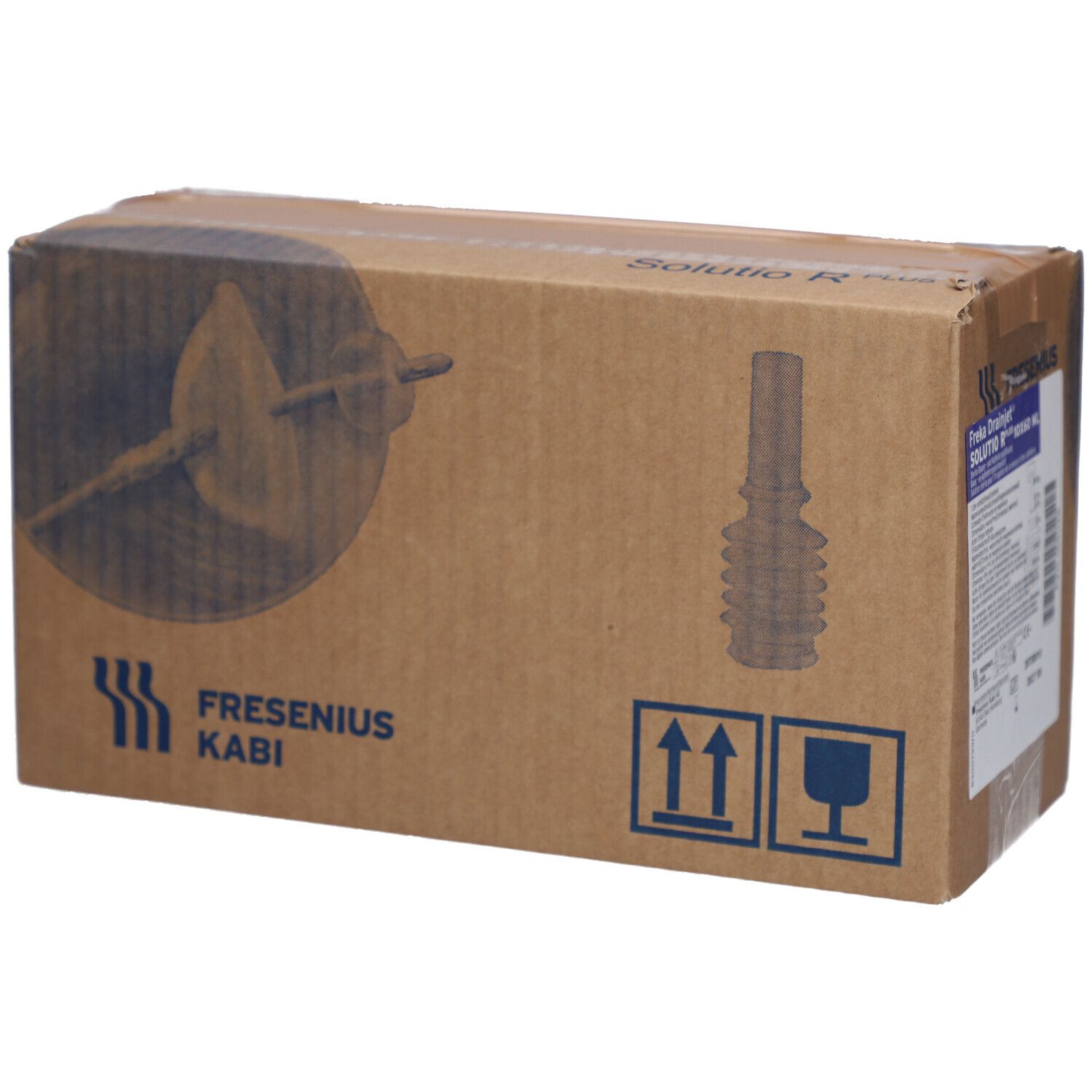Bruine kartonnen doos met productafbeelding. Logo Fresenius Kabi. Afbeelding van een product. Transportmarkeringen.