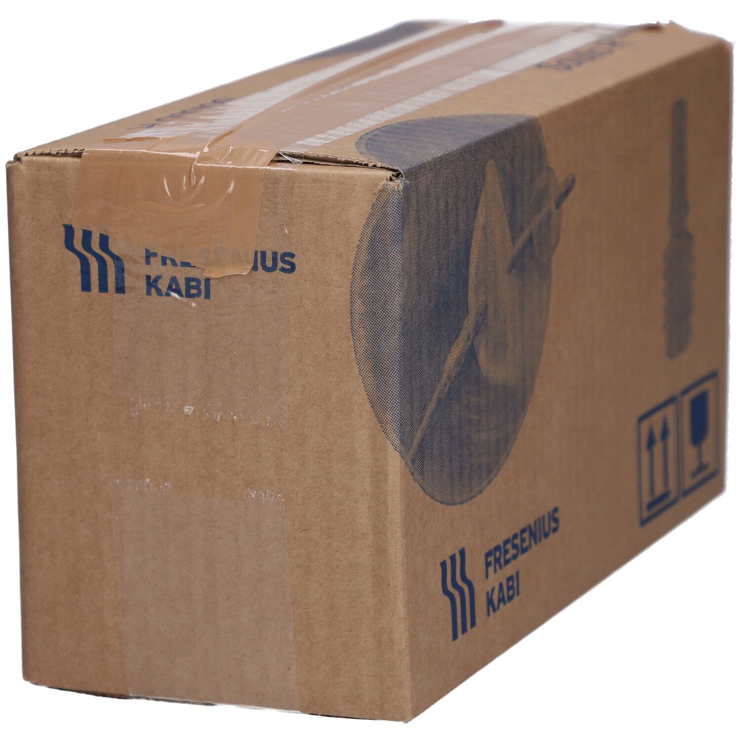 Bruine kartonnen doos met logo Fresenius Kabi. Opdruk Freka Drainjet Solutio R Plus. Transportmarkeringen.