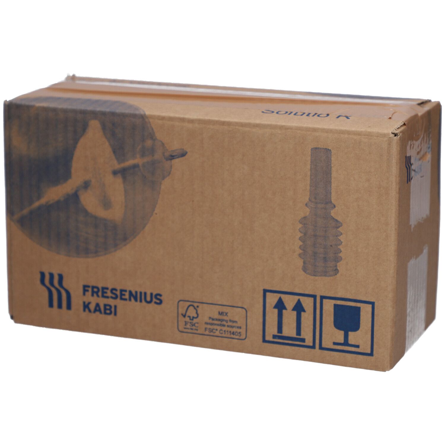 Bruine kartonnen doos met logo Fresenius Kabi. Opdruk Freka Drainjet Solutio R Plus. Transportmarkeringen.