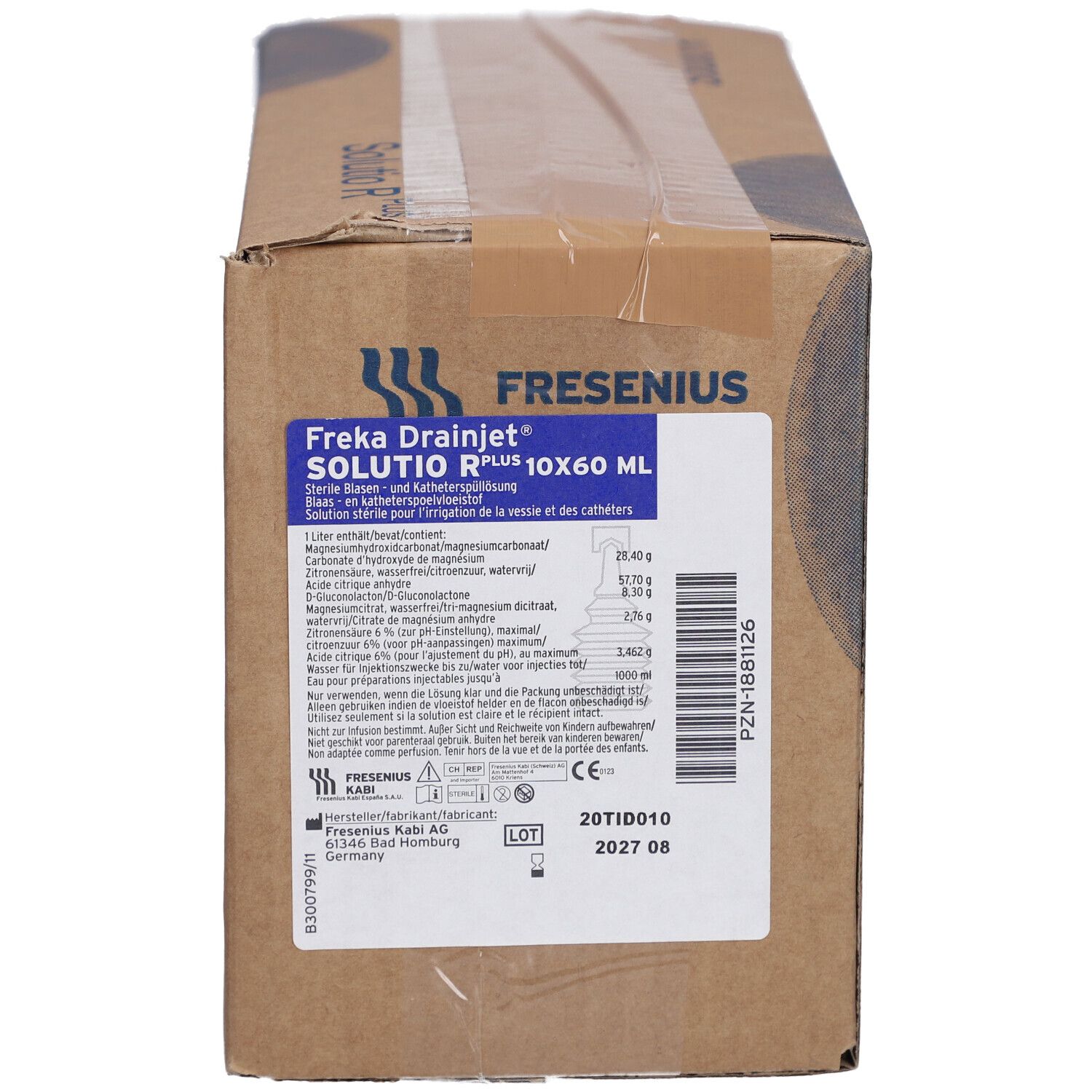 Karton met opdrukken. Opschrift: Freka Drainjet Solutio R Plus 10x60 ml. Fabrikant: Fresenius Kabi. Met productinformatie en CE-markering.