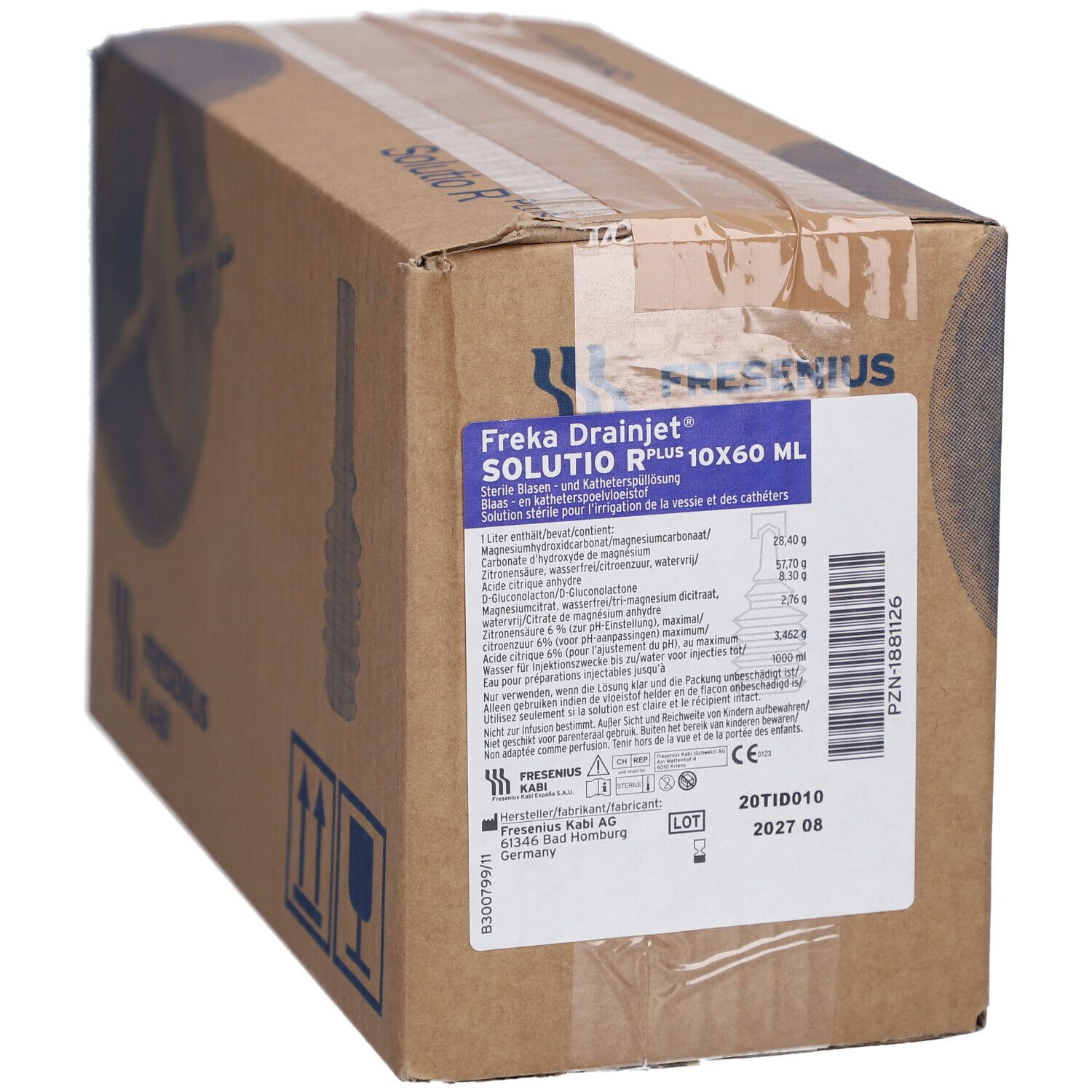 Karton met opdrukken. Opschrift: Freka Drainjet Solutio R Plus 10x60 ml. Fabrikant: Fresenius Kabi. Met productinformatie en CE-markering.