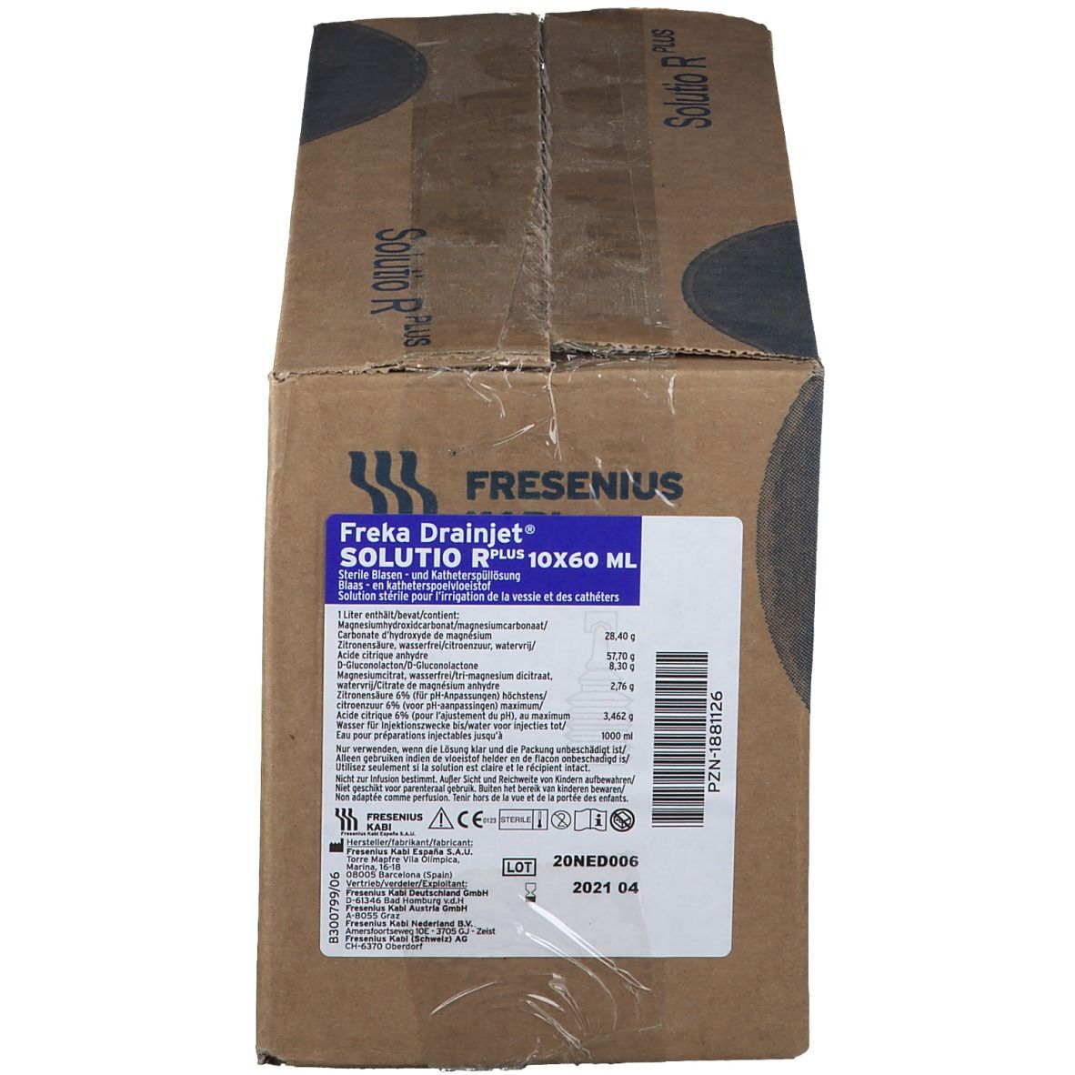 Karton met opdrukken. Opschrift: Freka Drainjet Solutio R Plus 10x60 ml. Fabrikant: Fresenius Kabi. Met productinformatie en CE-markering.