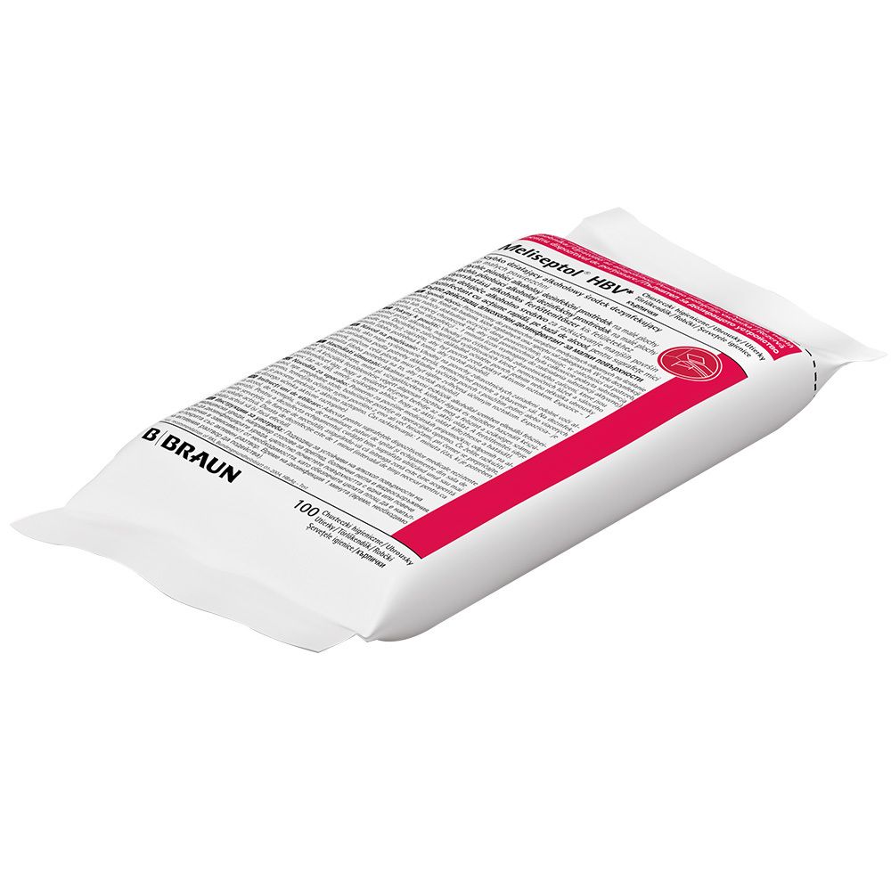 Witte verpakking met rode tekst. Opschrift: B. Braun, Meliseptol HBV Tücher. Bevat 100 doekjes.