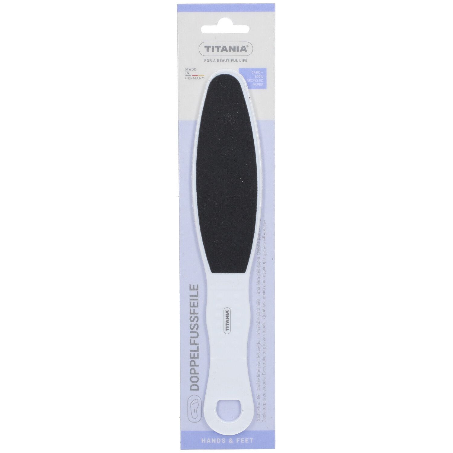 TITANIA® dubbele eeltvijl in verpakking. Witte vijl met zwarte wrijfoppervlak. Handvat met gat. Productnaam zichtbaar.
