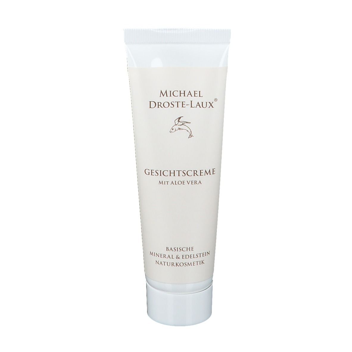 Tube de crème avec nom et logo du produit. Texte: Crème pour le visage à l'aloe vera. Marque: Michael Droste-Laux.