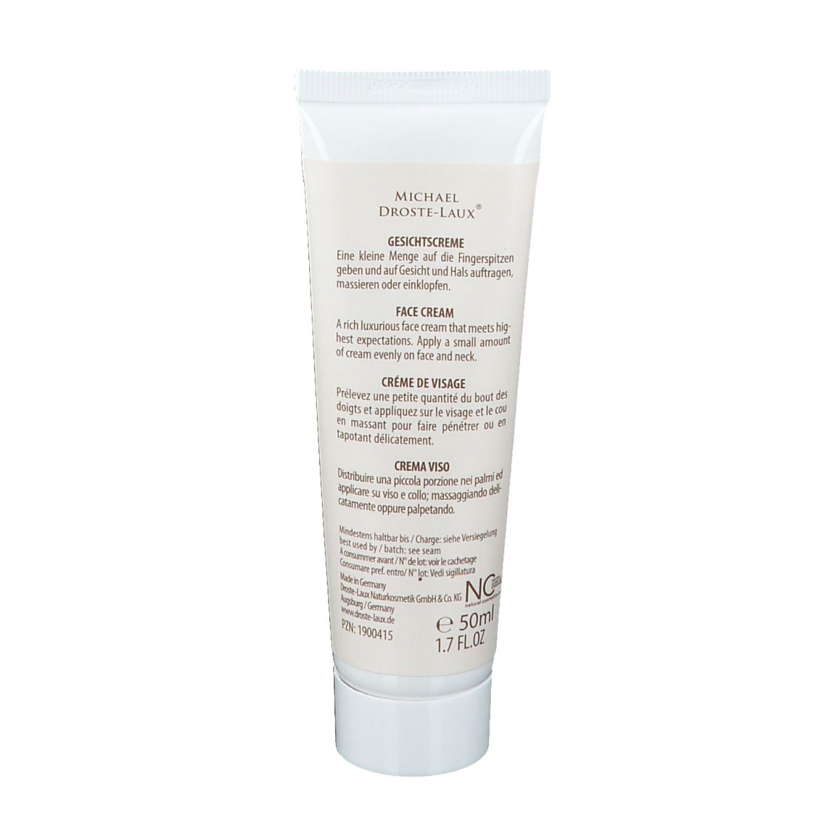 Dos du tube de crème. Texte: Instructions d'utilisation en allemand, anglais, français et italien. Ingrédients.