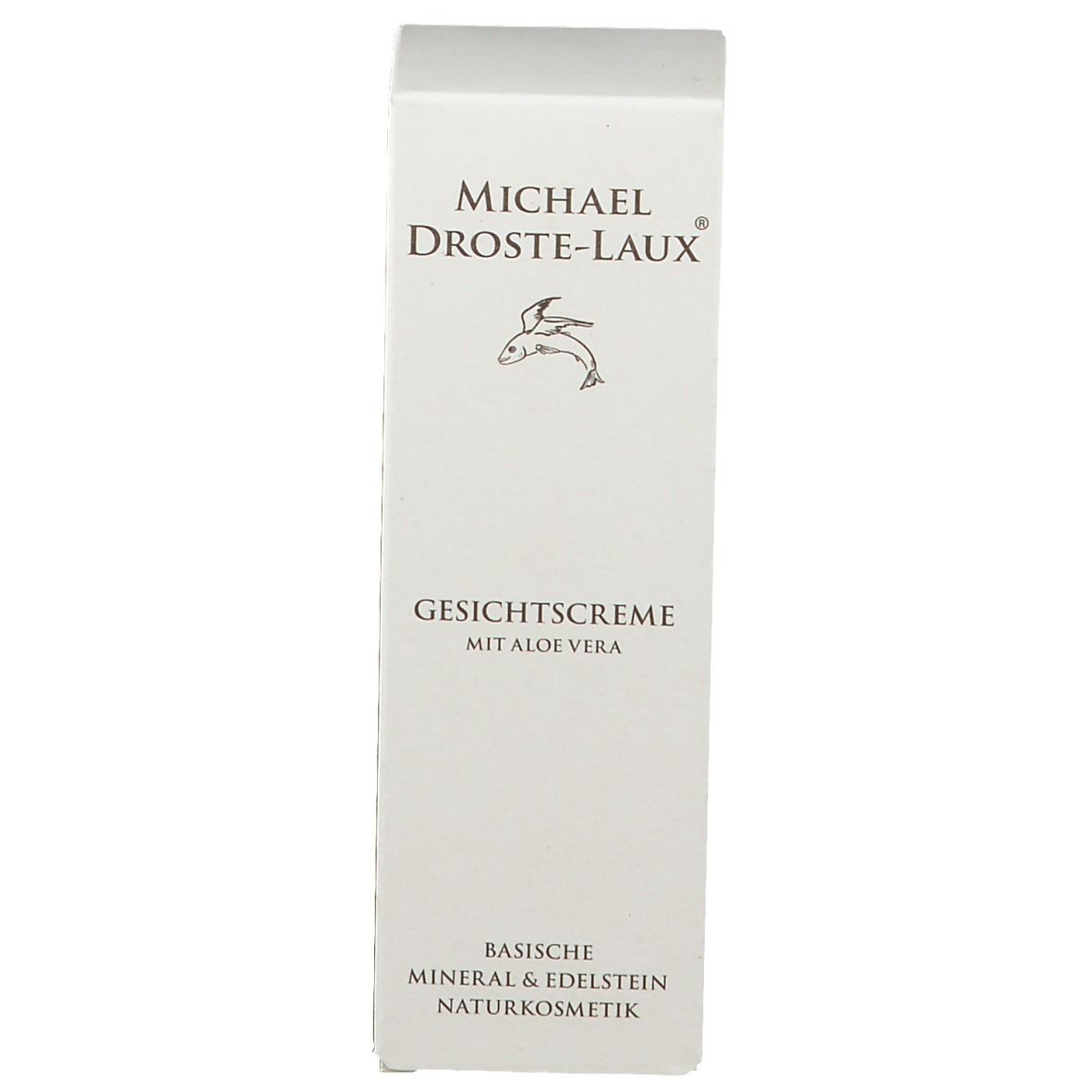 Emballage du produit. Texte: Crème pour le visage à l'aloe vera. Marque: Michael Droste-Laux. Cosmétiques naturels minéraux et pierres précieuses.