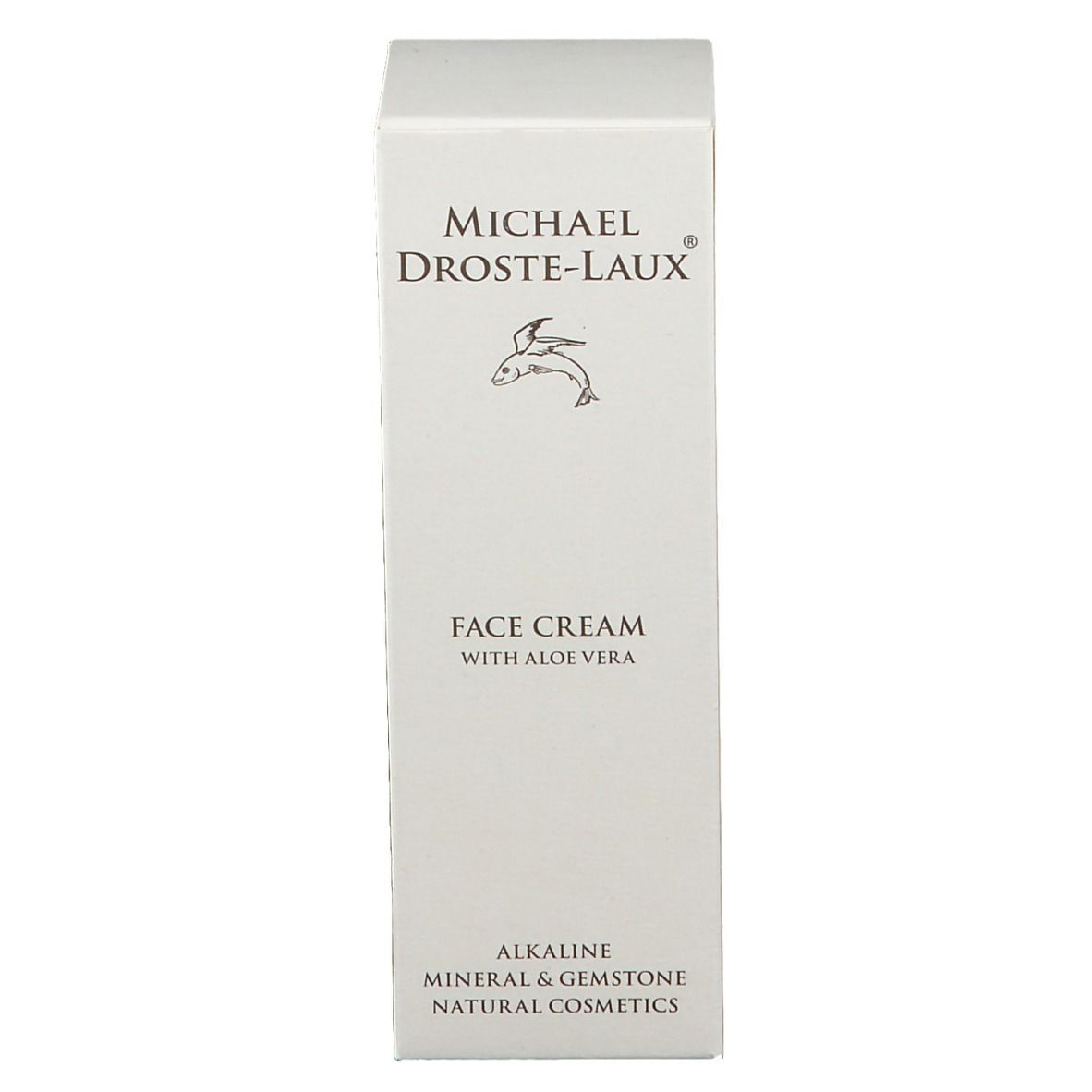 Emballage du produit. Texte: Crème pour le visage à l'aloe vera. Marque: Michael Droste-Laux. Cosmétiques naturels minéraux et pierres précieuses.