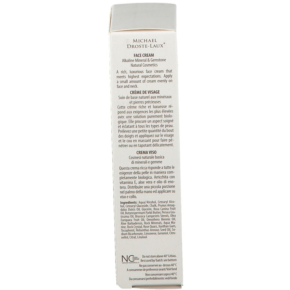 Dos de l'emballage du produit. Texte: Crème pour le visage. Instructions d'utilisation en anglais, français et italien. Ingrédients.