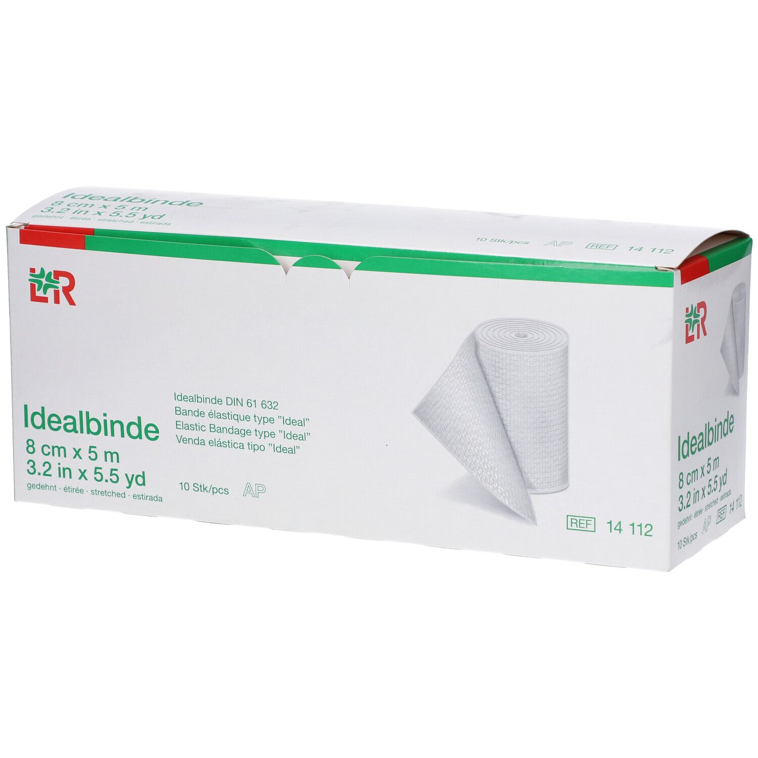 Boîte de bandage élastique Idealbinde, 8 cm x 5 m. Bande blanche partiellement déroulée. Emballage avec logo et informations.