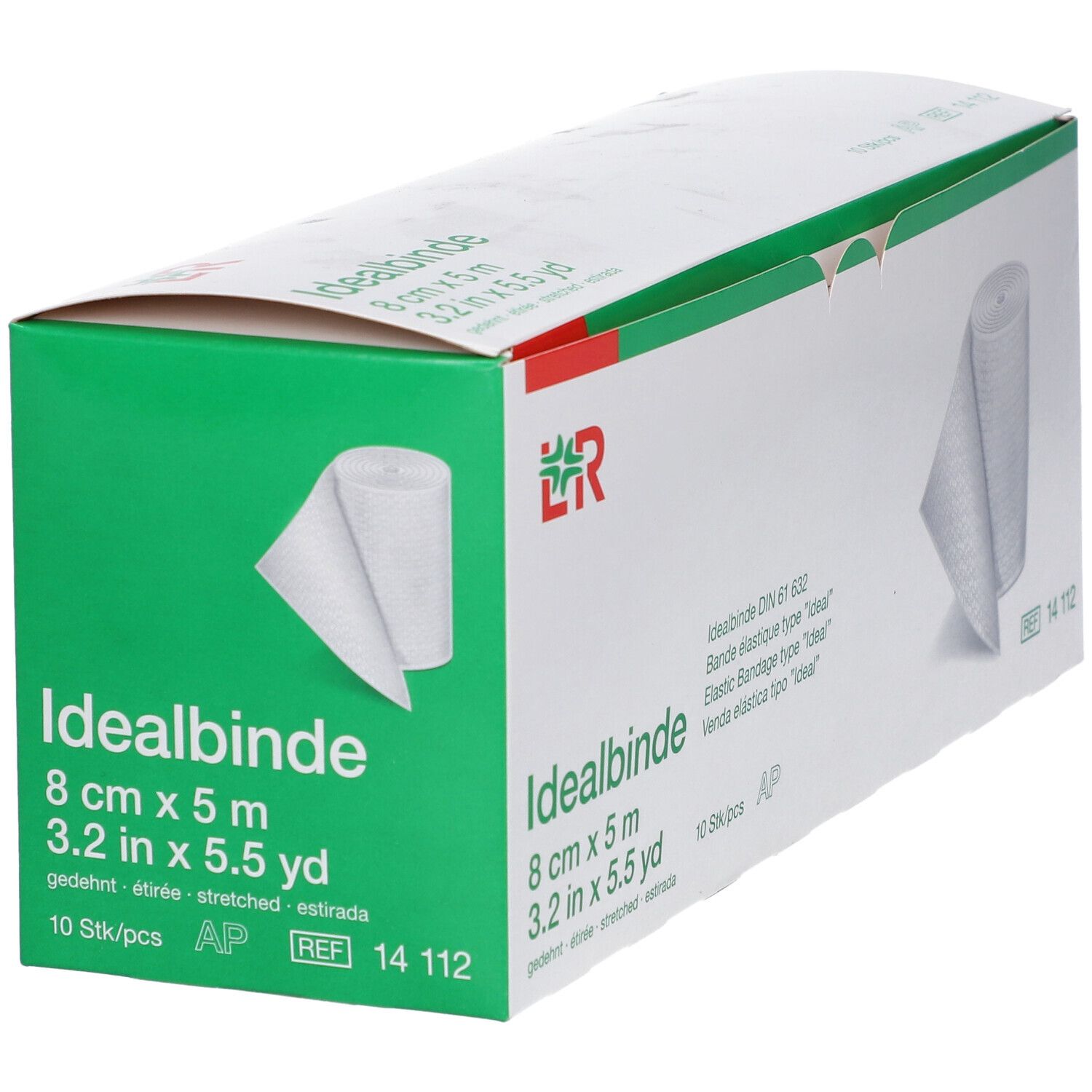 Emballage Idealbinde, 8 cm x 5 m. Bande élastique blanche partiellement déroulée. Accents verts et rouges. Informations produit.