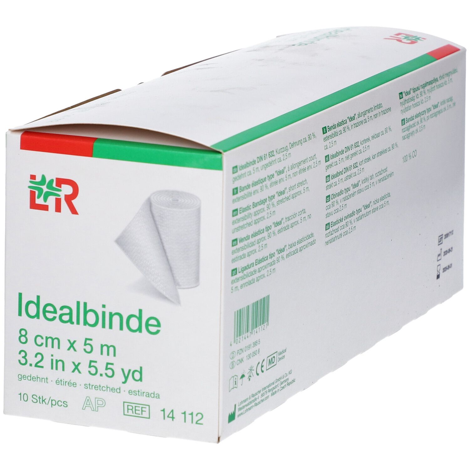 Emballage Idealbinde, 8 cm x 5 m. Bande élastique blanche partiellement déroulée. Emballage avec logo et informations produit.