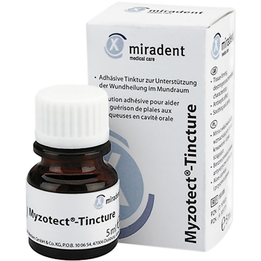 Bruine glazen fles met witte dop en etiket. Op het etiket staat 'Myzotect-Tincture' en 'miradent'. Daarnaast een doos.