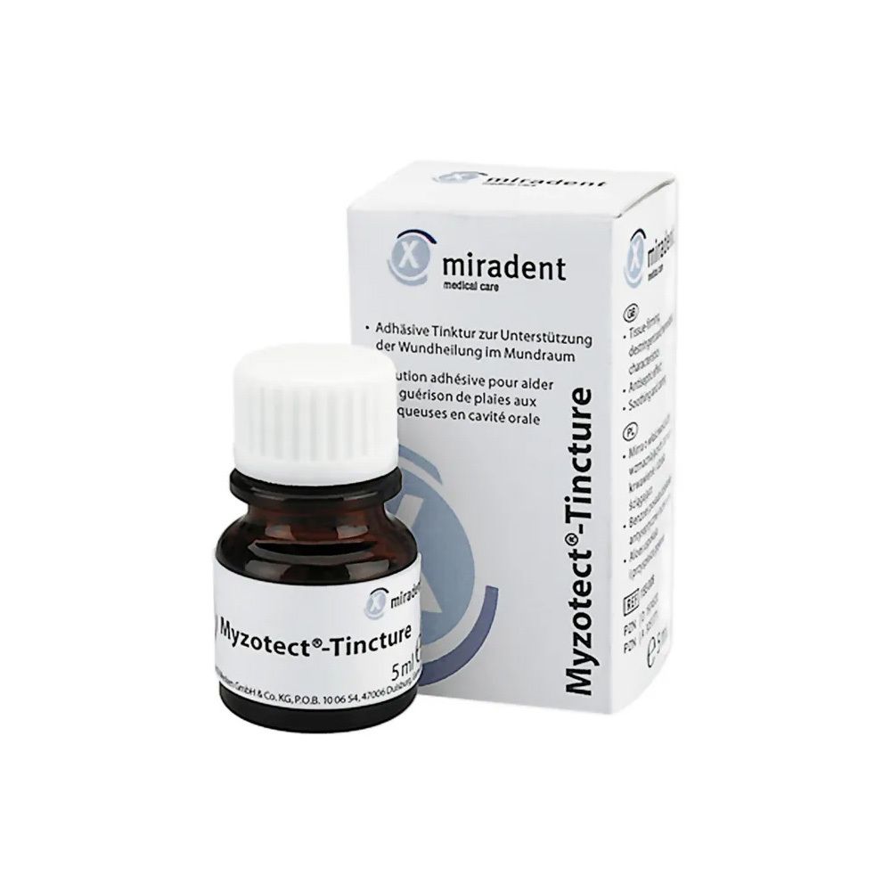 Bruine fles en doos. Opschrift: Myzotect®-Tincture, 5ml. Merk: miradent.