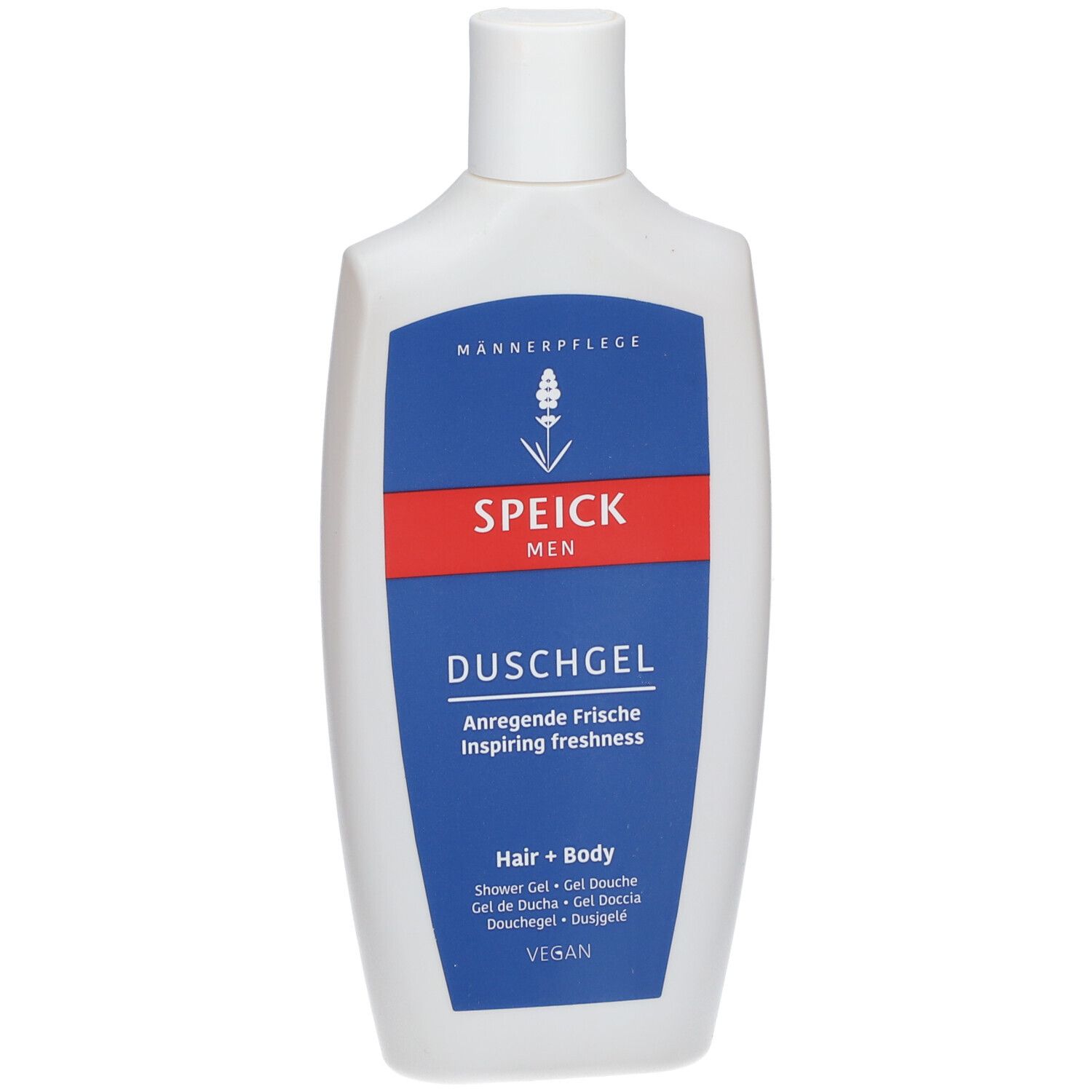 Flacon blanc avec étiquette bleue et rouge. SPEICK MEN Gel douche, Hair + Body. Vegan.