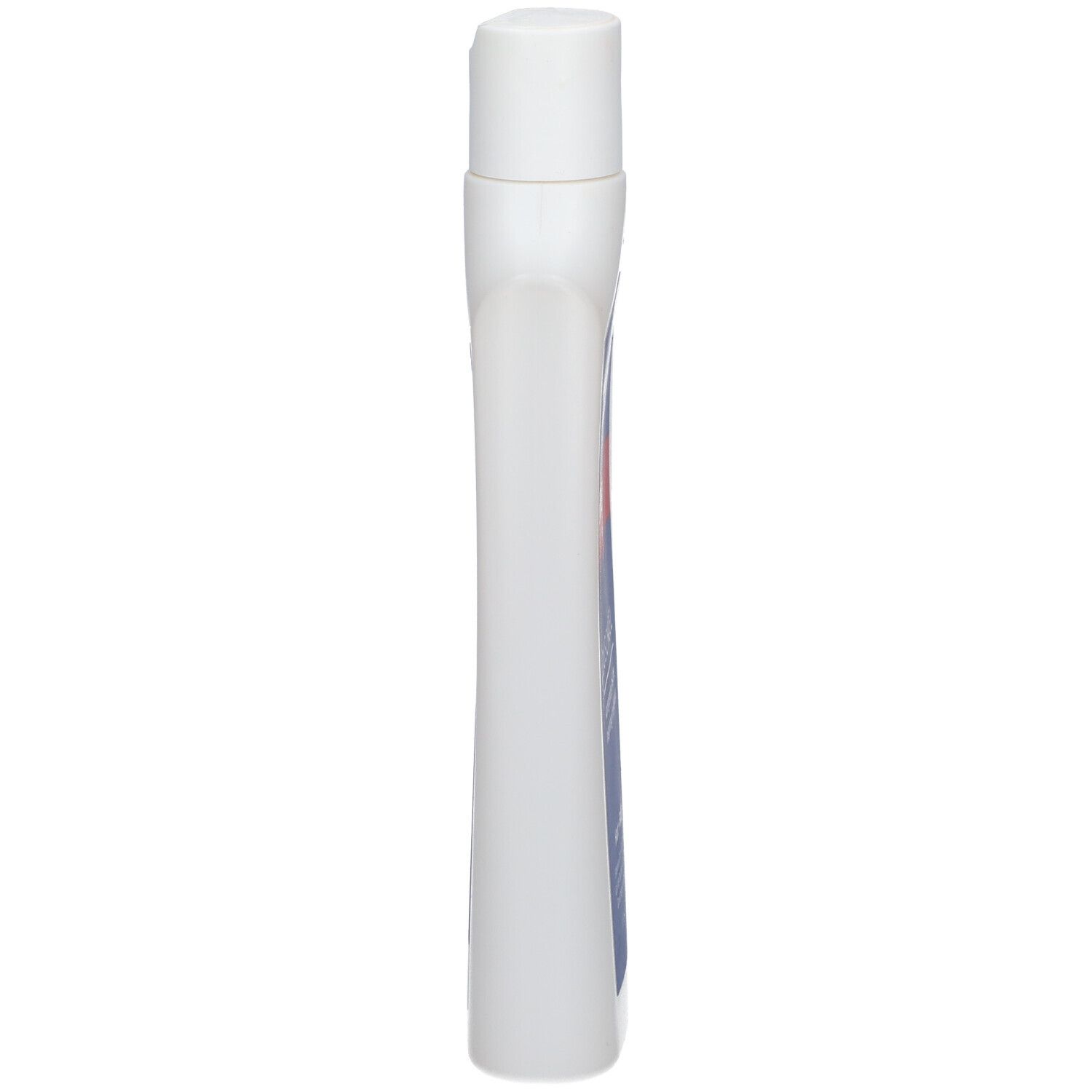 Flacon blanc, vue latérale. Forme élancée avec bouchon blanc.