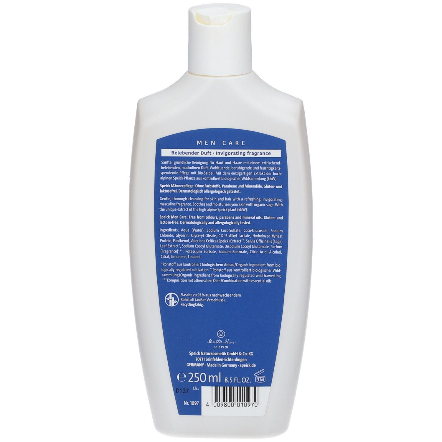 Dos du flacon. Texte en allemand. Ingrédients, informations fabricant, volume 250ml.