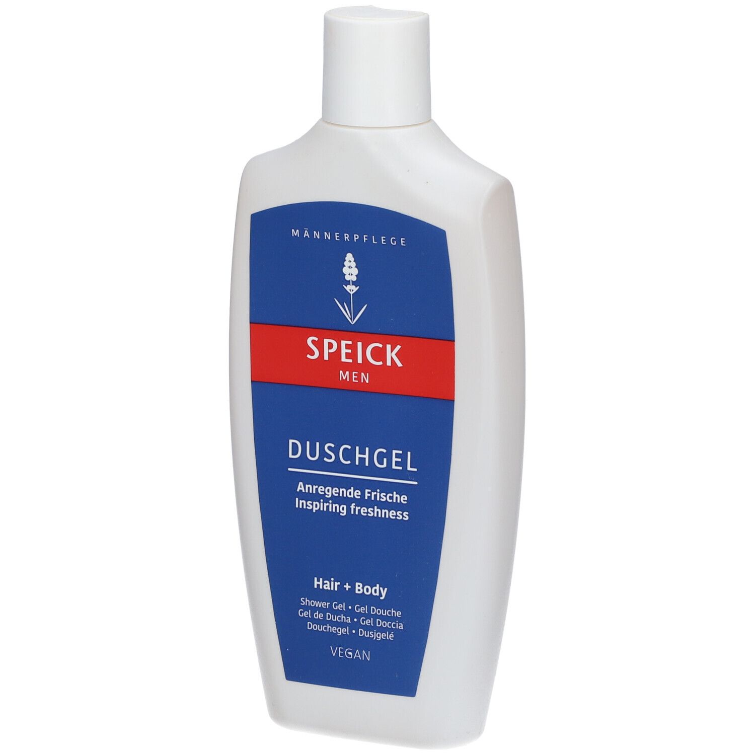 Flacon blanc avec étiquette bleue et rouge. SPEICK MEN Gel douche, Hair + Body. Vegan.