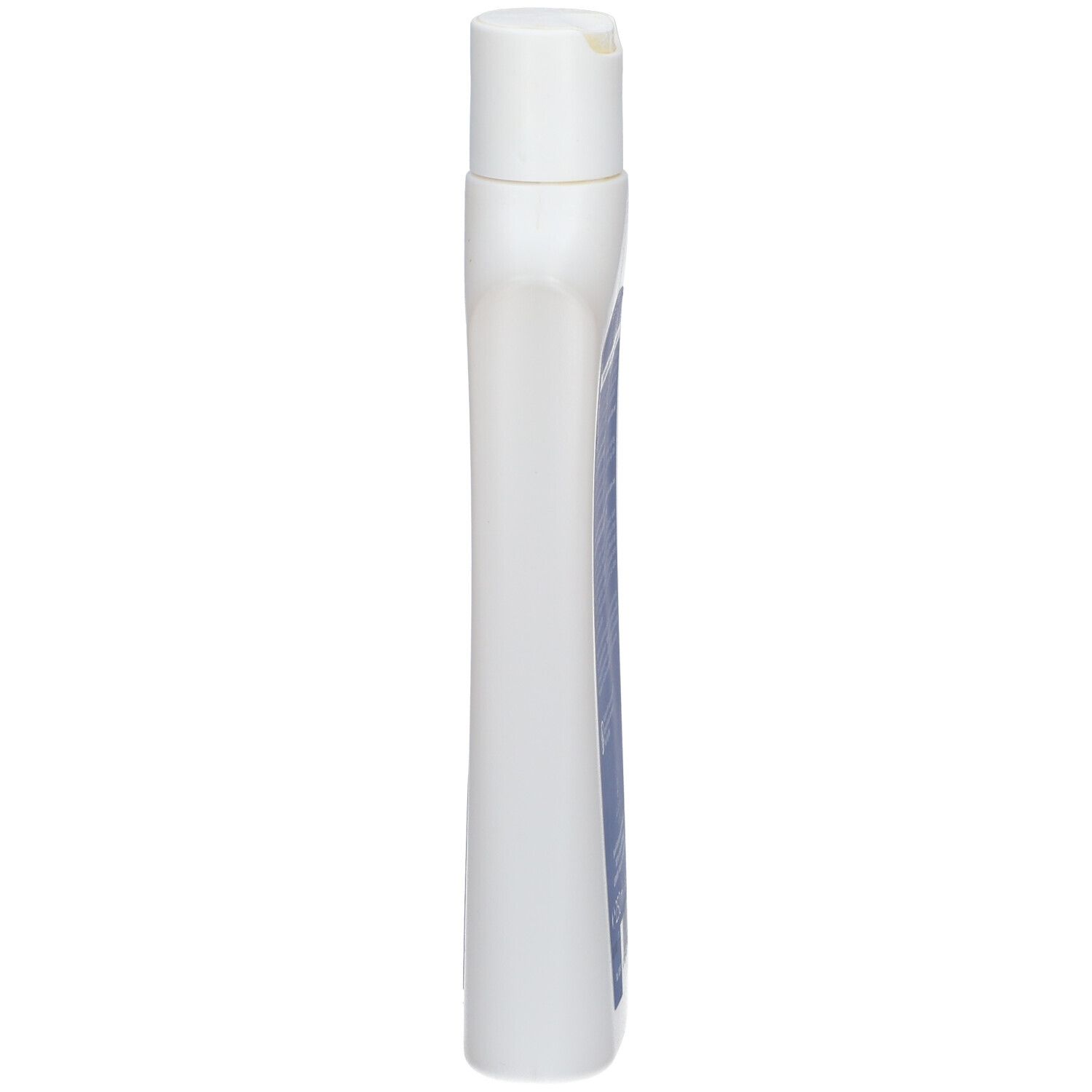 Flacon blanc, vue latérale. Forme élancée avec bouchon blanc.