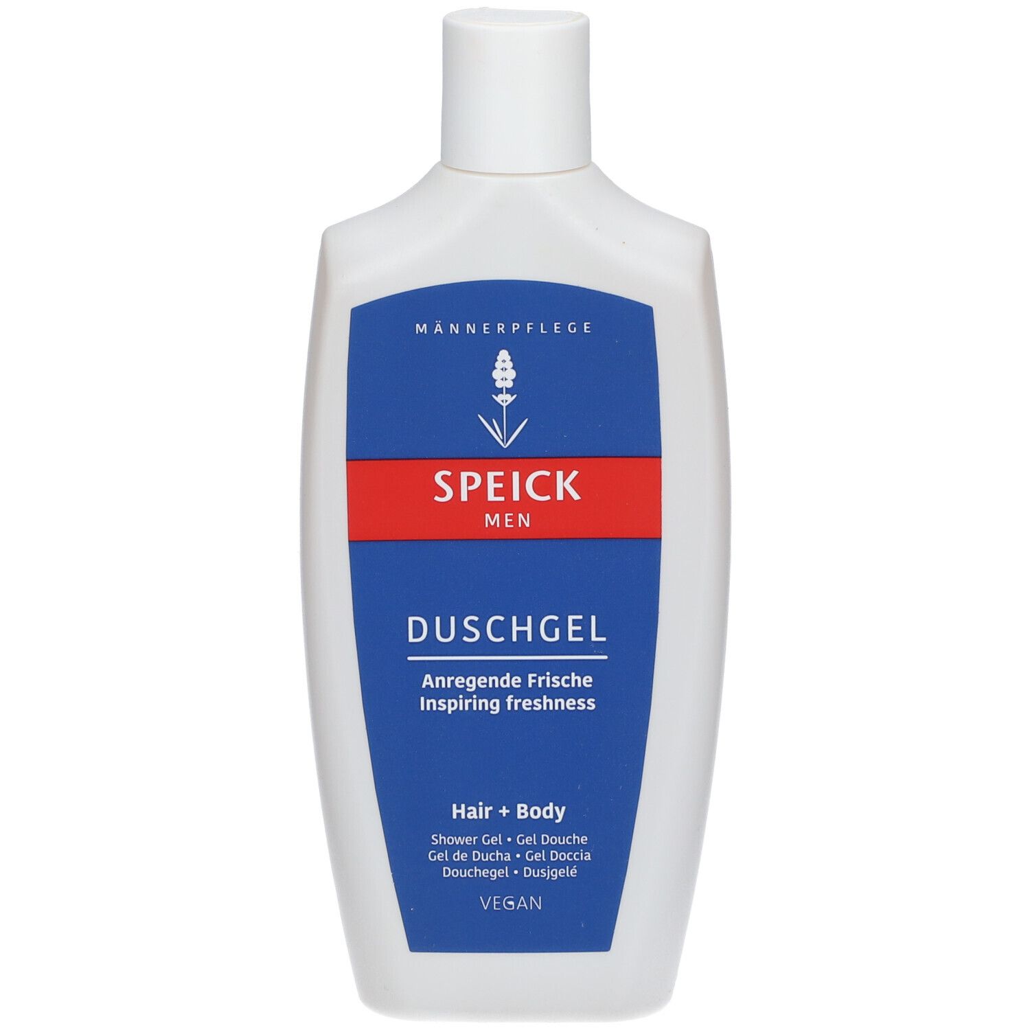 Flacon blanc avec étiquette bleue et rouge. SPEICK MEN Gel douche, Hair + Body. Vegan.