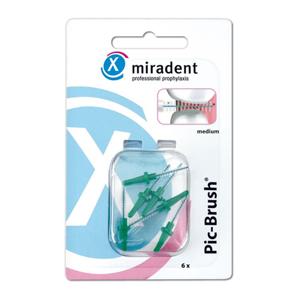 Verpakking met groene Pic-Brush navullingen. Zes stuks in een transparante blisterverpakking. Merk: miradent.
