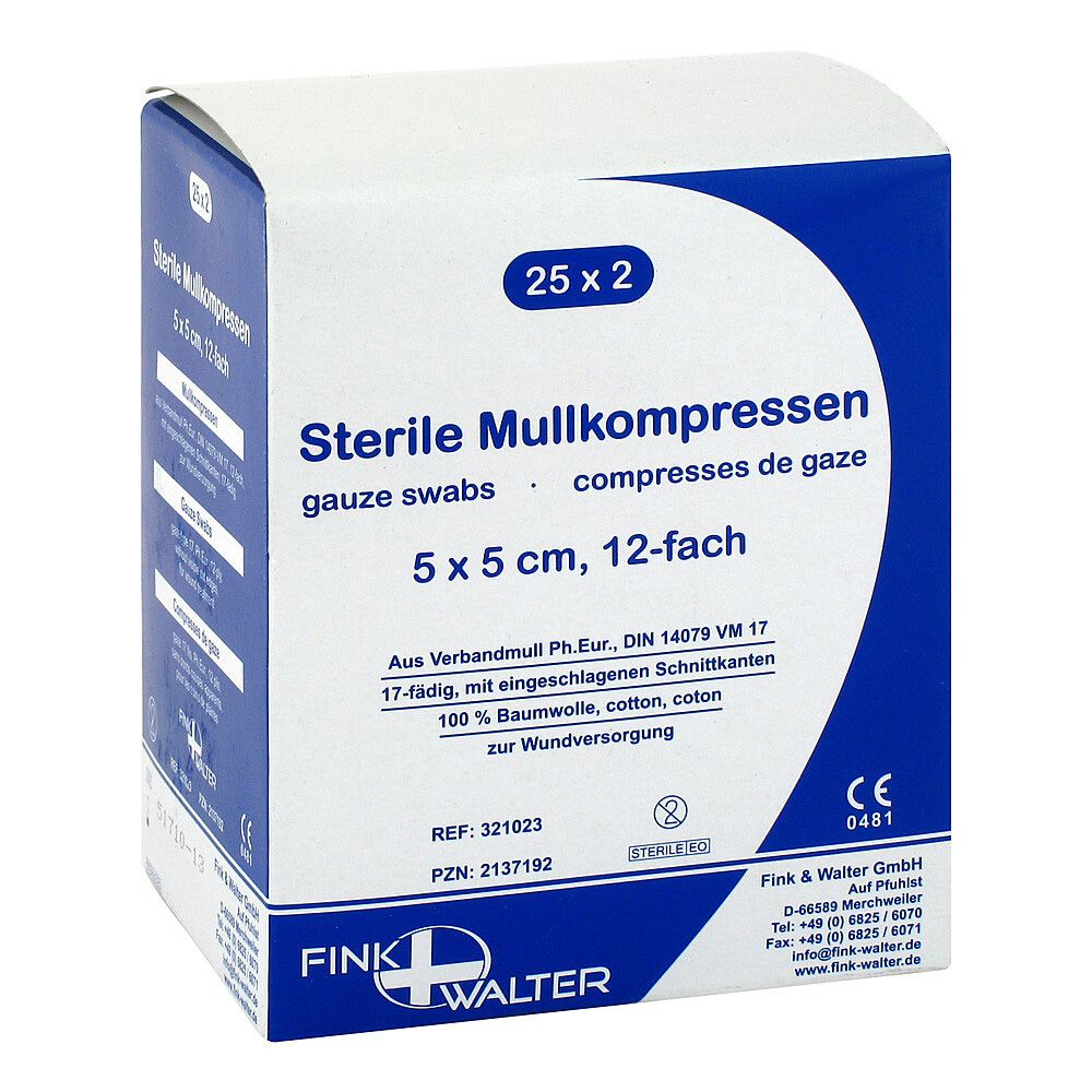 Boîte de compresses de gaze stériles, 5 x 5 cm, 12 plis. Marque Fink + Walter. Contient 25 x 2 compresses. Marquage CE.