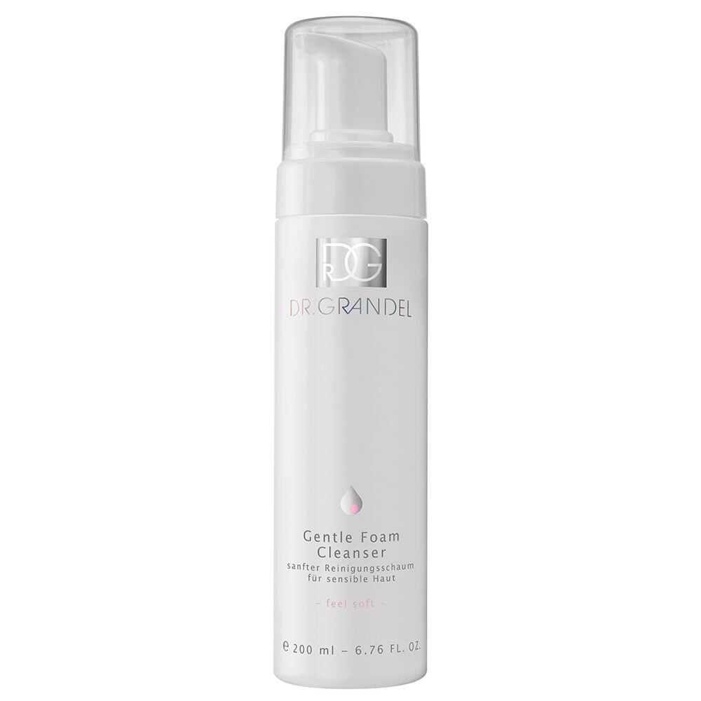 Flacon blanc avec pompe. Inscription: DR. GRANDEL, Gentle Foam Cleanser. Accent rose.
