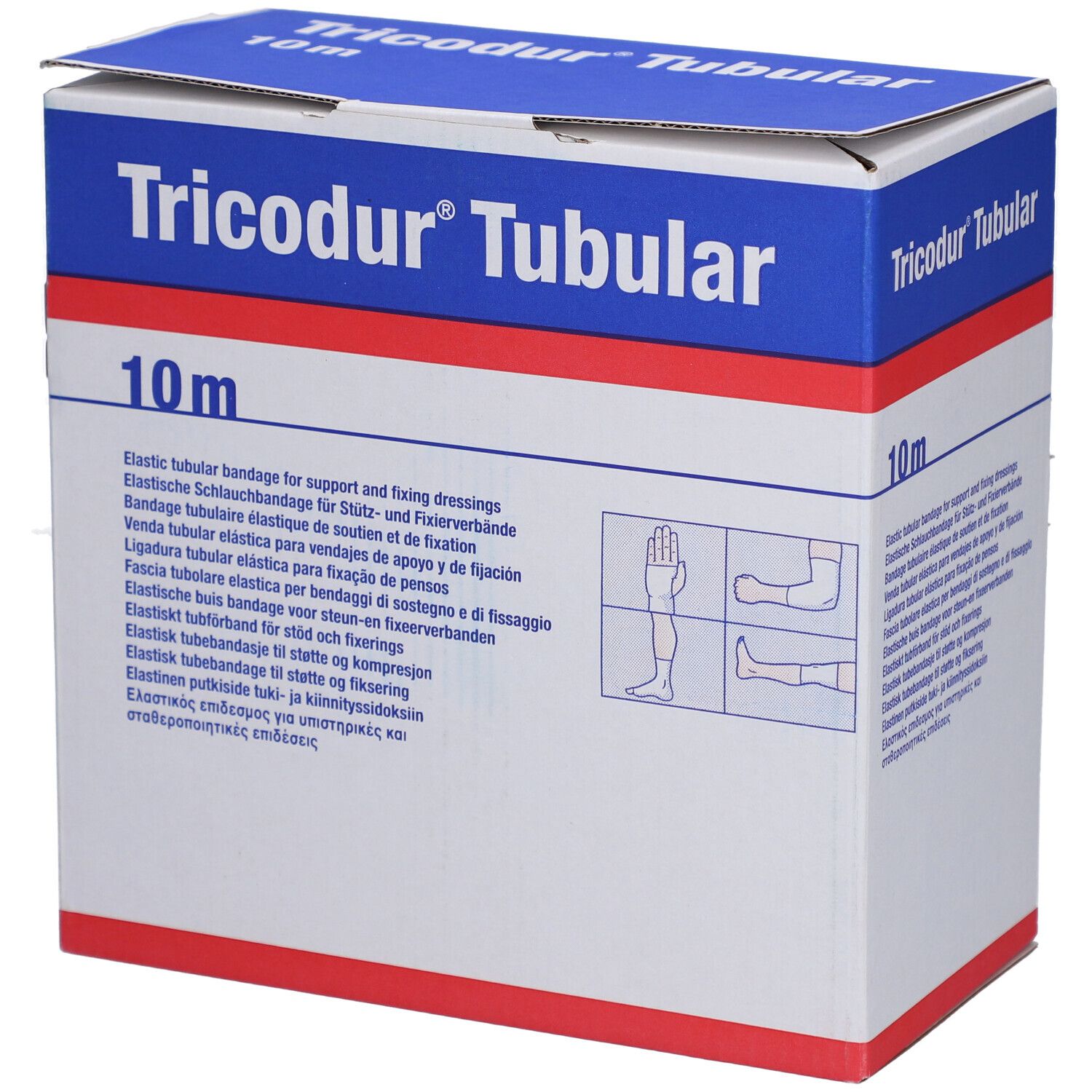 Tricodur® Tubular verpakking. Blauw en witte doos met productnaam en 10m indicatie. Illustraties.