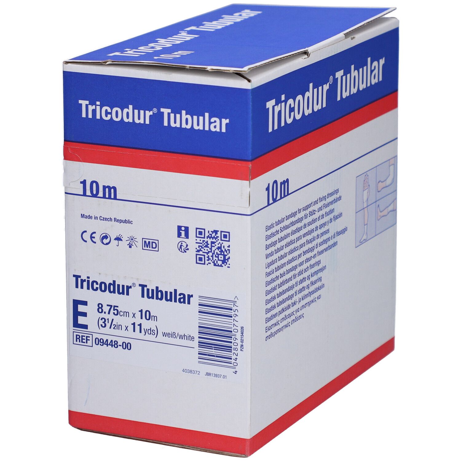 Tricodur® Tubular verpakking. Blauw en witte doos met naam, maat en 10m. CE-markering.