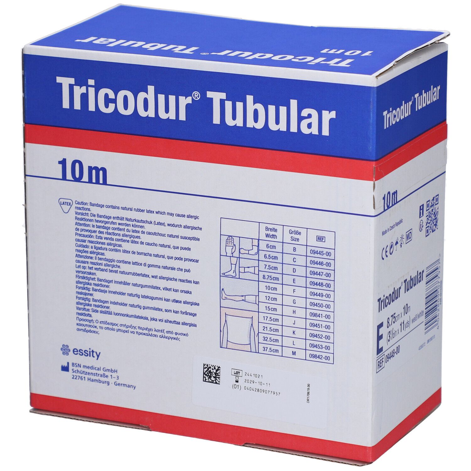 Tricodur® Tubular verpakking. Blauw en witte doos met naam, maten en 10m. Maattabel.