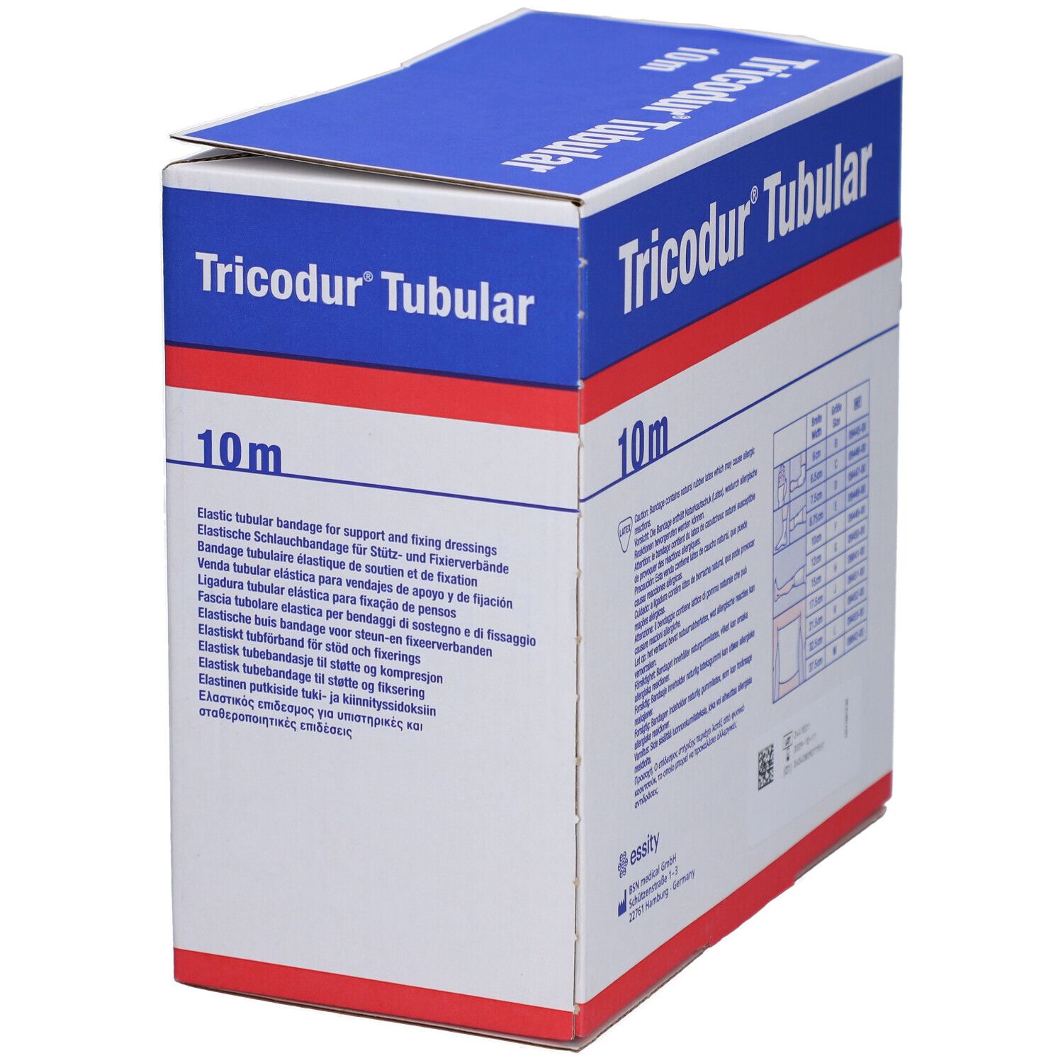 Tricodur® Tubular verpakking. Blauw en witte doos met productnaam en 10m indicatie. Meertalige tekst.