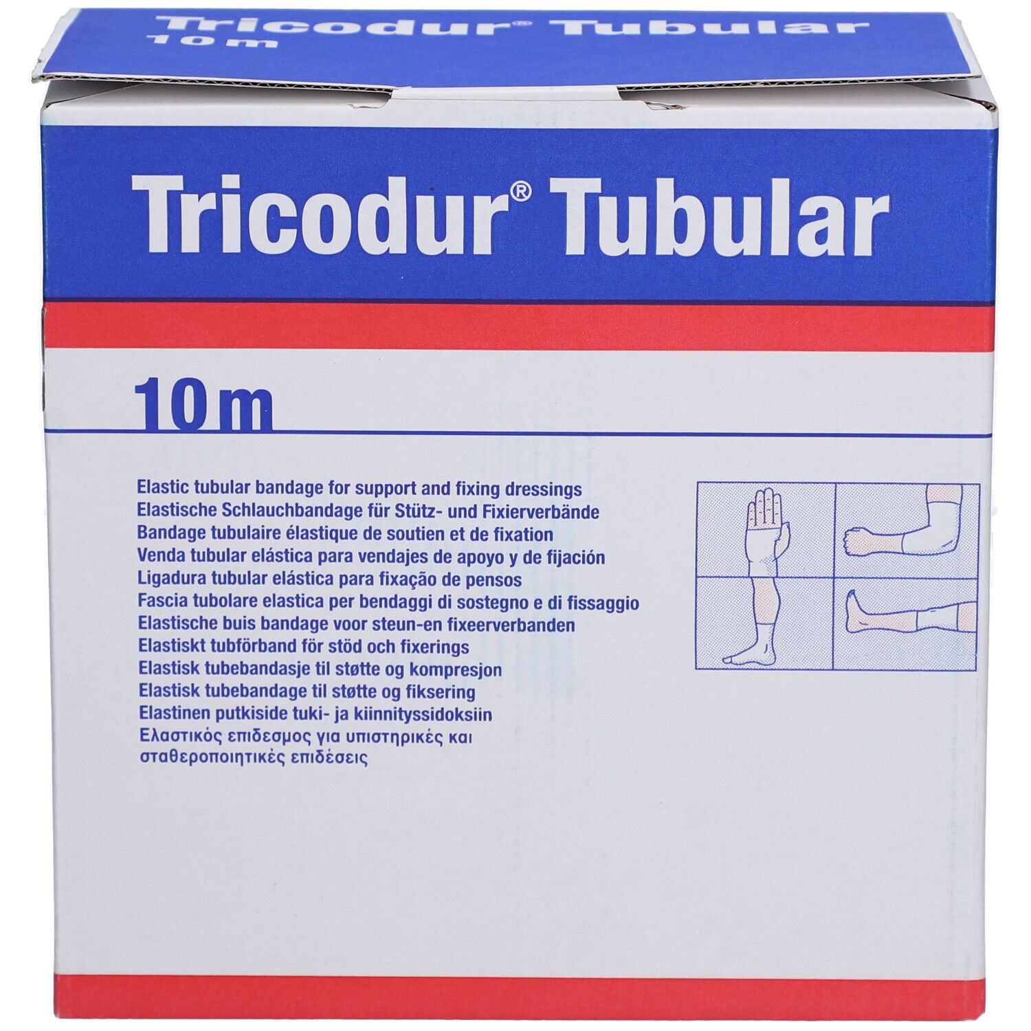 Tricodur® Tubular verpakking. Blauw en witte doos met naam en 10m. Meertalige tekst en illustraties.