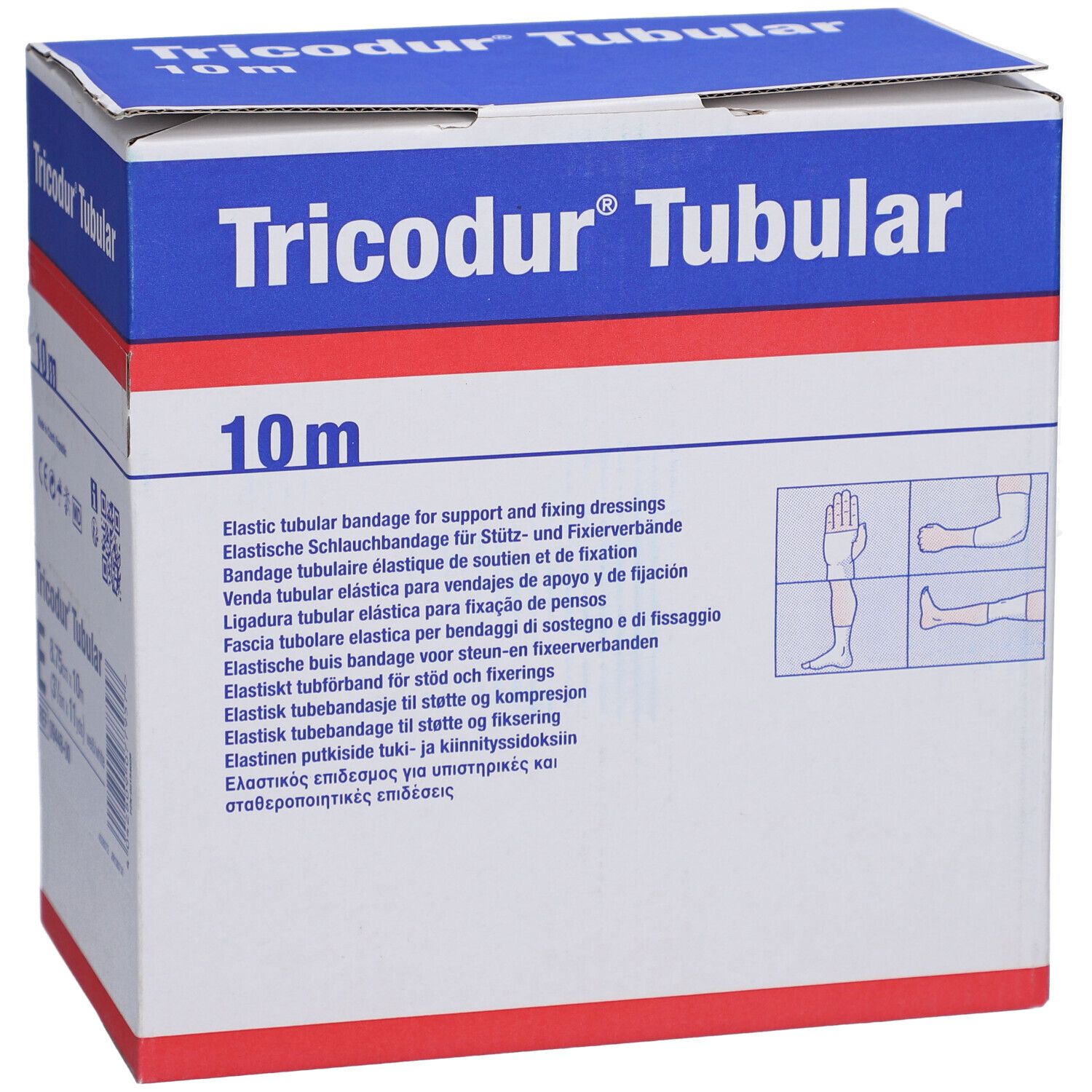 Tricodur® Tubular verpakking. Blauw en witte doos met naam en 10m. Meertalige tekst en illustraties.