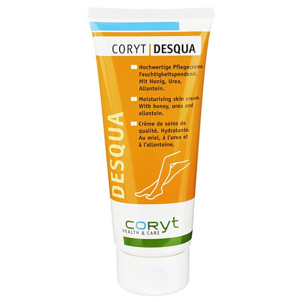 CORYT DESQUA crème tube, oranje en wit. Tekst: Hydraterend, met honing, ureum, allantoïne. Logo CORYT HEALTH & CARE. Illustratie: benen.