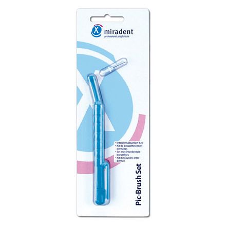 Blisterverpakking met blauwe Pic-Brush Set. Bevat een borstelhouder en een borstel. Merk: miradent.