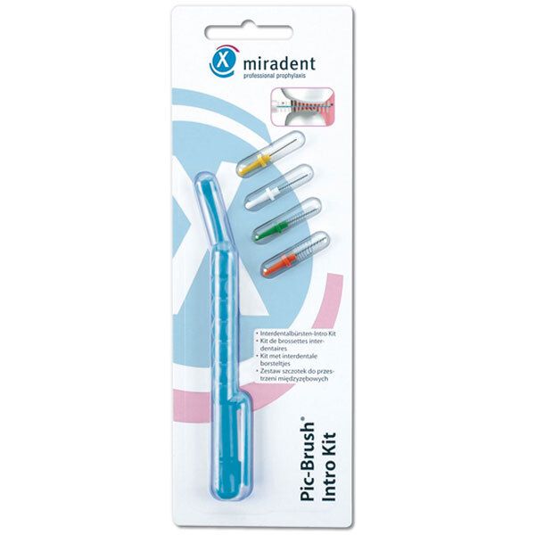 Blauwe Pic-Brush Intro Kit met vier gekleurde borstels en een blauwe houder. Verpakking met productlogo en tekst.