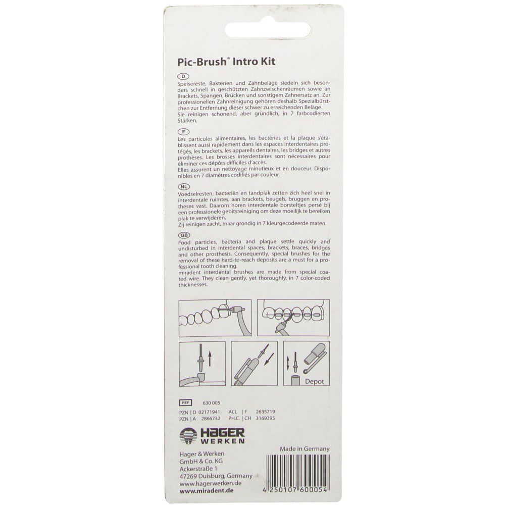 Achterkant van de verpakking van de Pic-Brush Intro Kit. Tekst in meerdere talen, illustraties en fabrikantgegevens.