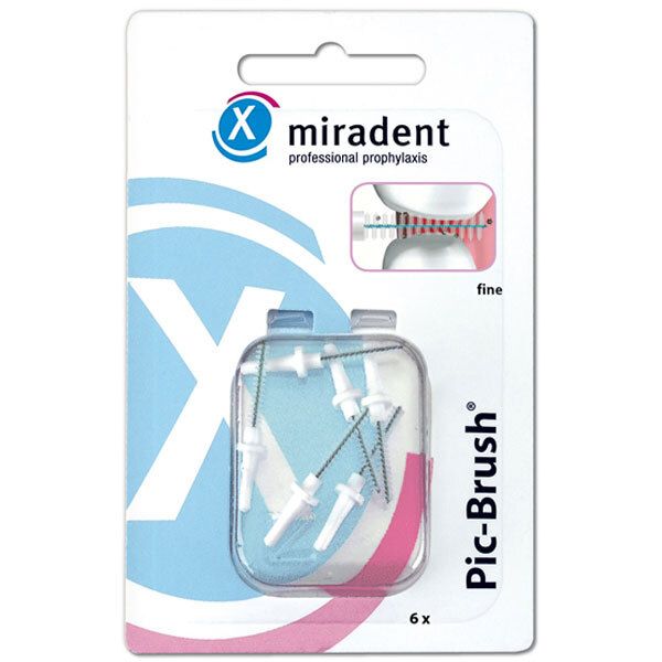Verpakking met zes interdentale borstels. Witte handvatten, grijze borstelharen. Merk miradent, productnaam Pic-Brush.