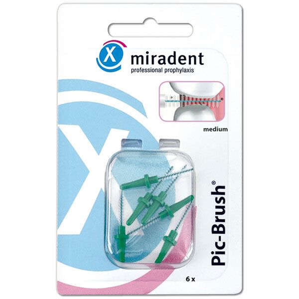 Verpakking met 6 interdentale borstels. Groene borstelkoppen in transparante plastic doos. Merk: miradent Pic-Brush.