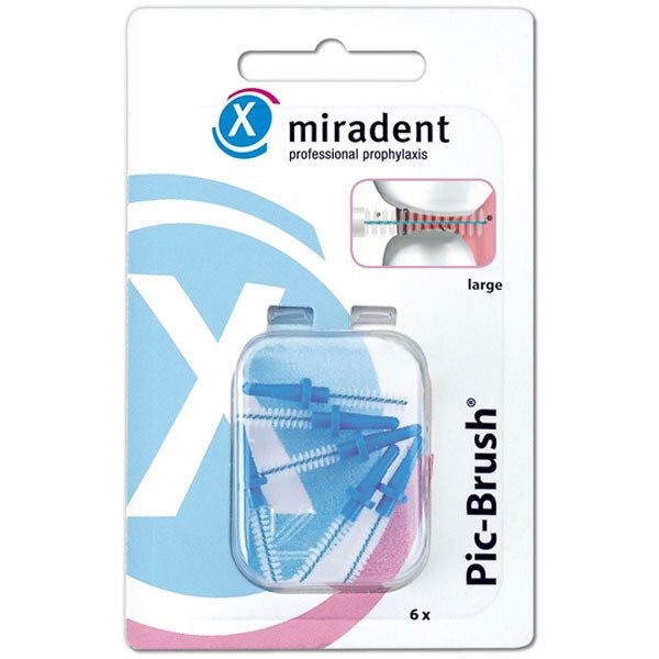 Blisterverpakking met blauwe interdentale borstels. "miradent" en "Pic-Brush" zijn zichtbaar. "large" en "6 x" zijn ook aangegeven.