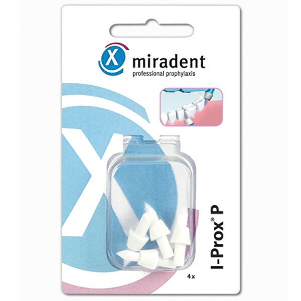 Emballage de brosses de remplacement Sulcus blanches. Marque miradent, 4 pièces. Nom du produit I-Prox® P.