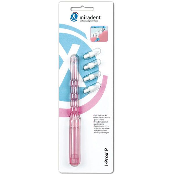 Kit de brosses interdentaires. Manche rose, soies transparentes. Emballage avec logo et nom du produit.