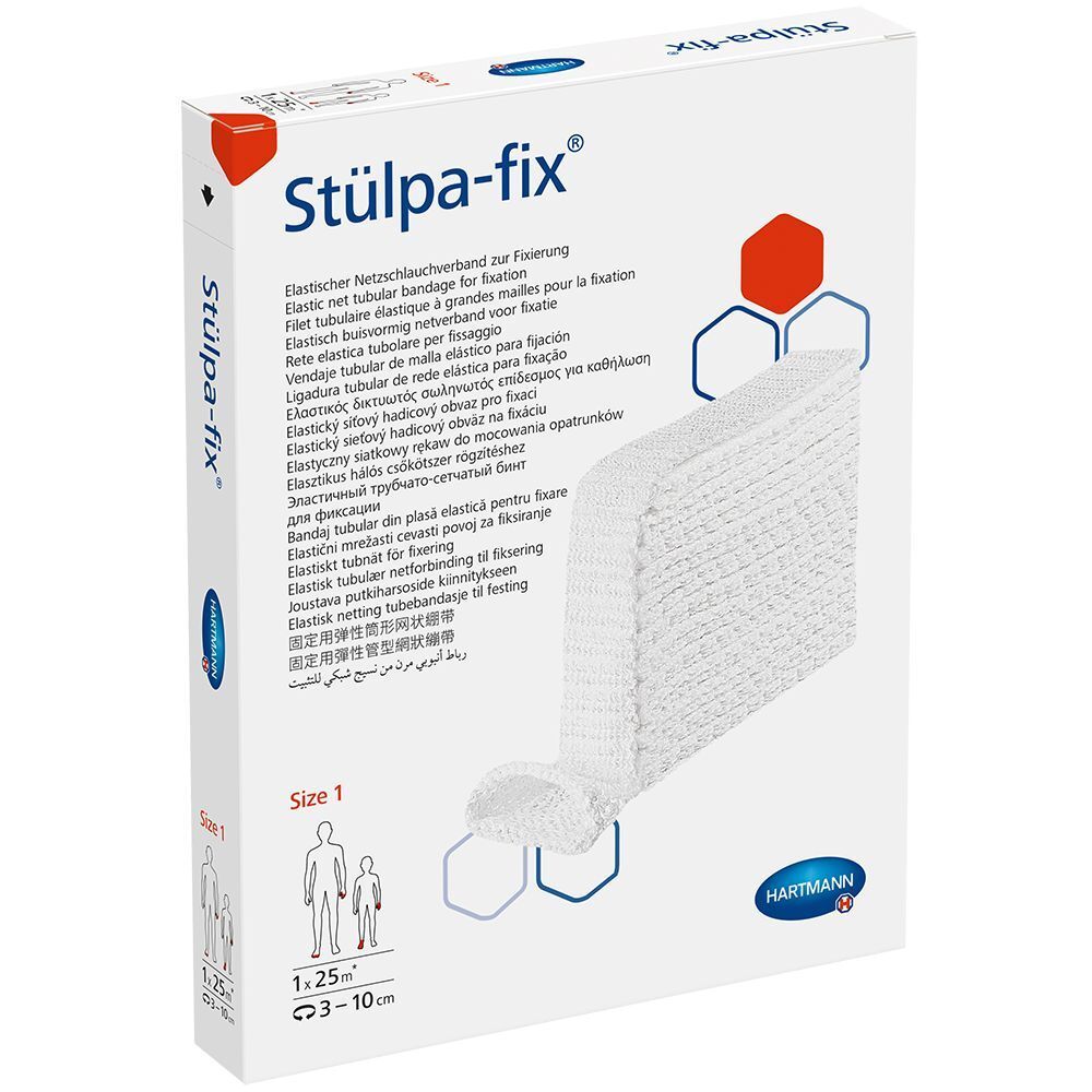 Stülpa-fix, maat 1, in verpakking. Elastisch netverband. 1,25 m x 25 m. Maat 1: 3-10 cm. Hartmann.