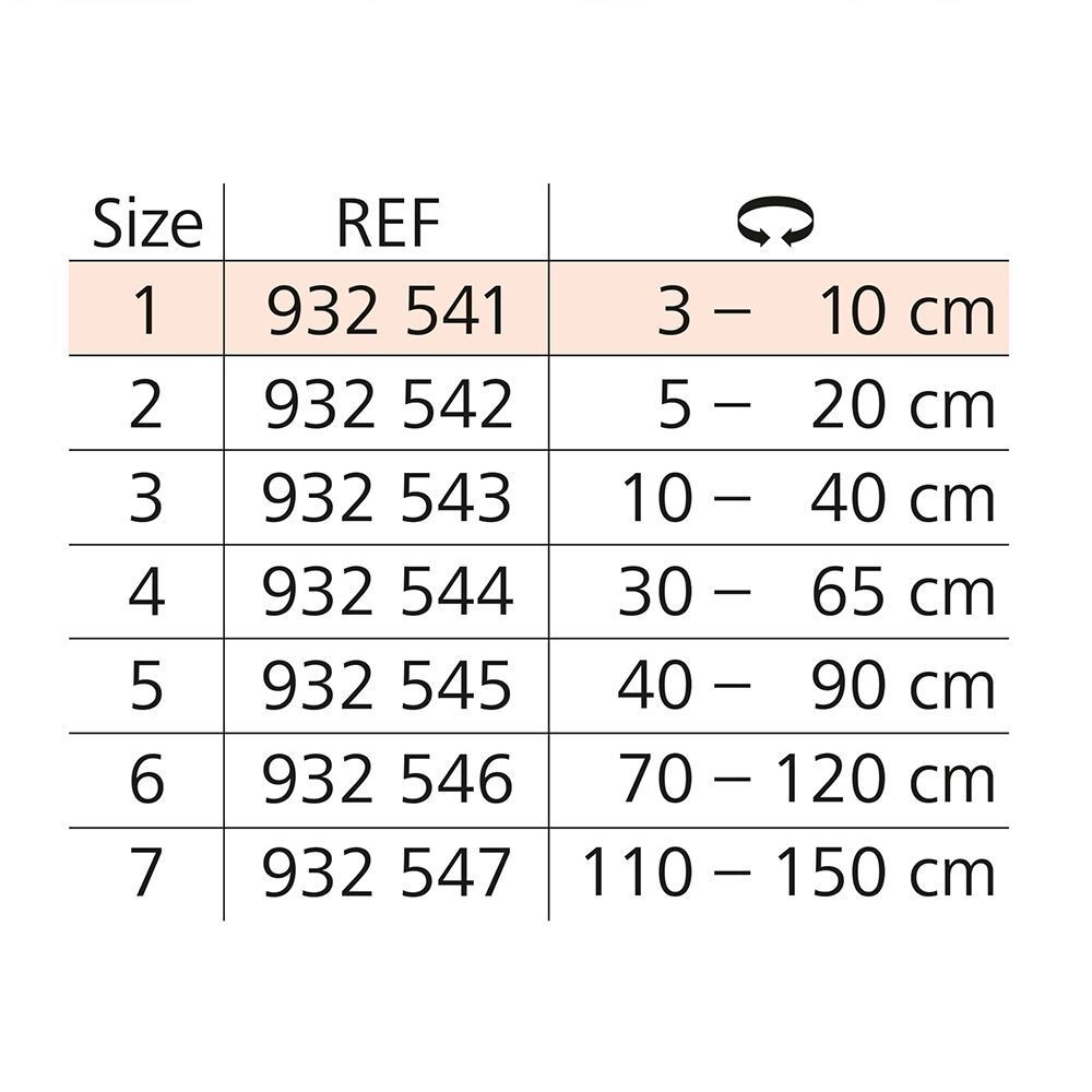 Maattabel voor Stülpa-fix. Maten 1-7. Diameter van 3-150 cm. Referentienummers.