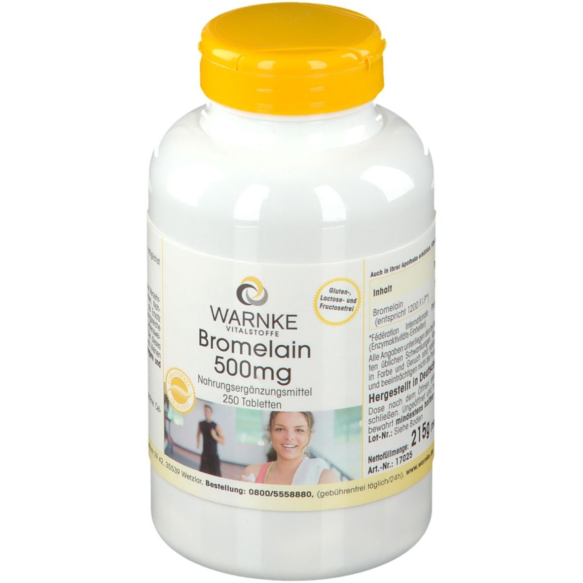 Witte fles met gele dop. Opschrift: WARNKE Bromelaïne 500mg, 250 tabletten. Afbeelding van een vrouw en een man.